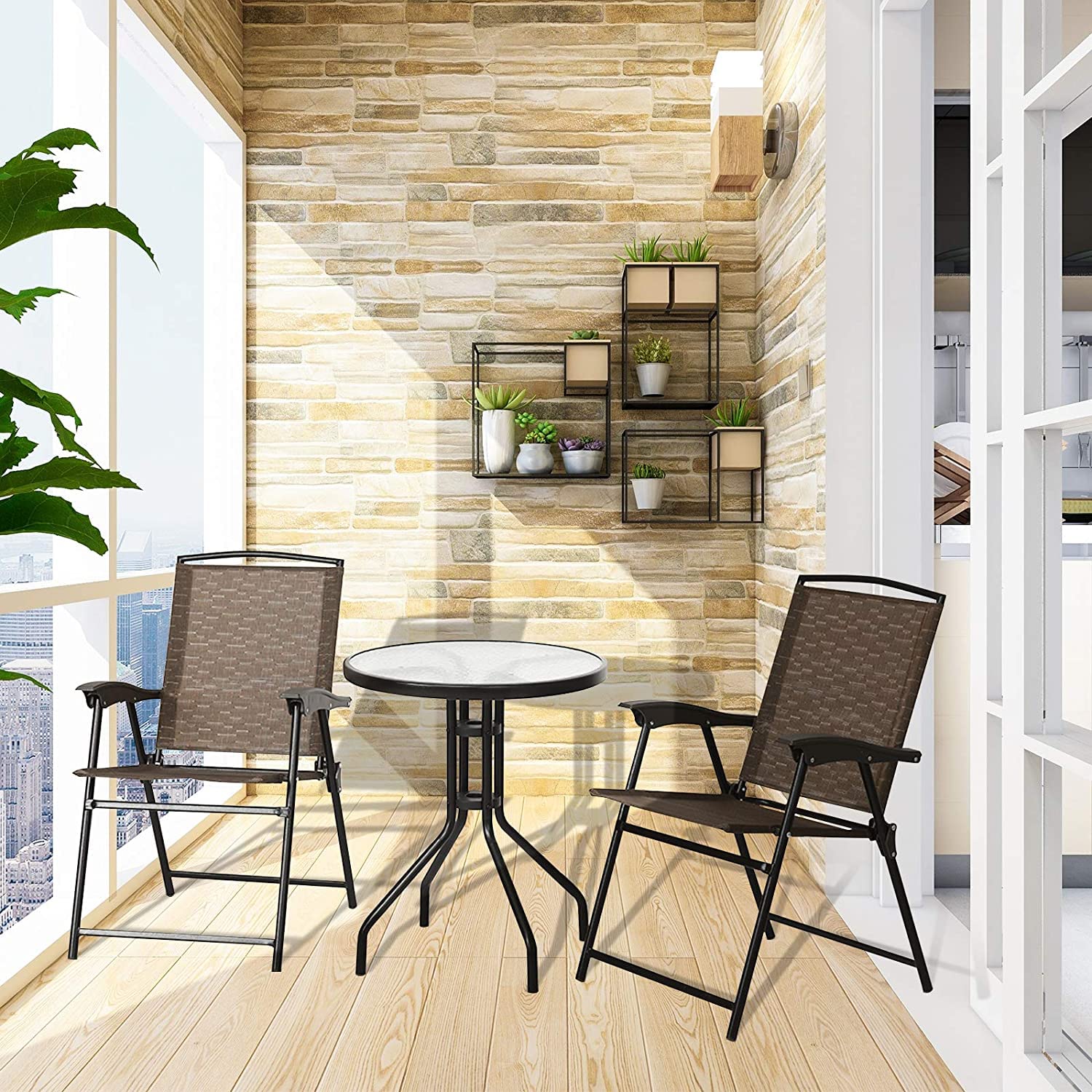 LUARANE 3-Piece Outdoor Bistro Set - Folding Patio Table & 2 Chairs with Textured Glass Top - Perfect for Balcony, Porch, Backyard, Garden & Small Outdoor Spaces | Ideal for Morning Coffee, Relaxing & Entertaining Guests