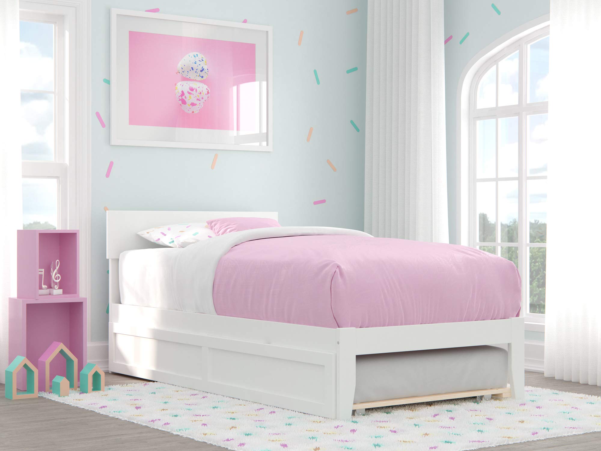 AFI White Twin Size Platform Bed with Trundle - Modern Wooden Bed Frame for Kids & Teens - Perfect for Small Bedrooms, Guest Rooms & Dormitories