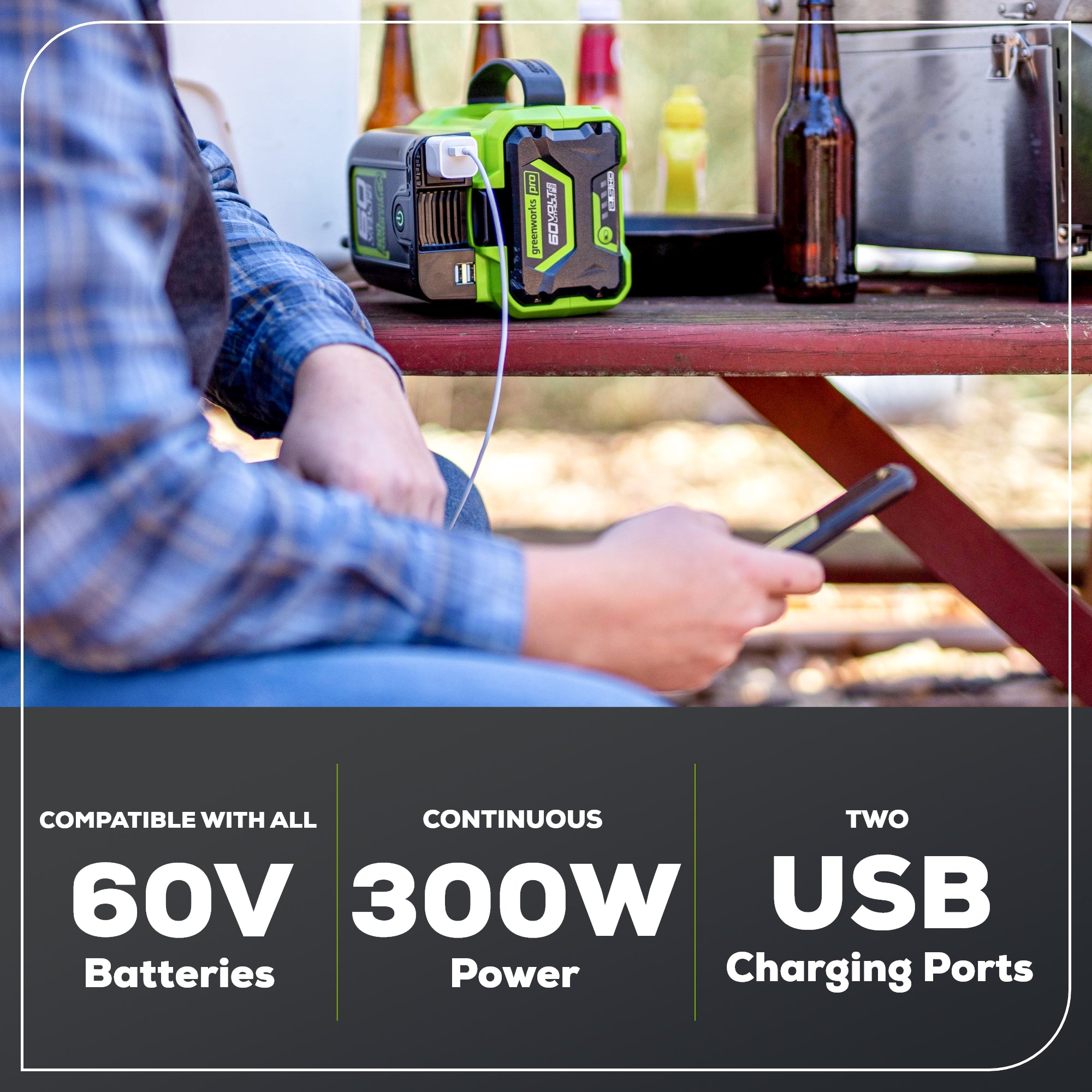 60V 300W Cordless Power Inverter with 2.5Ah Battery & Charger - Portable DC to AC Converter for Camping, RV, Emergency Power Backup