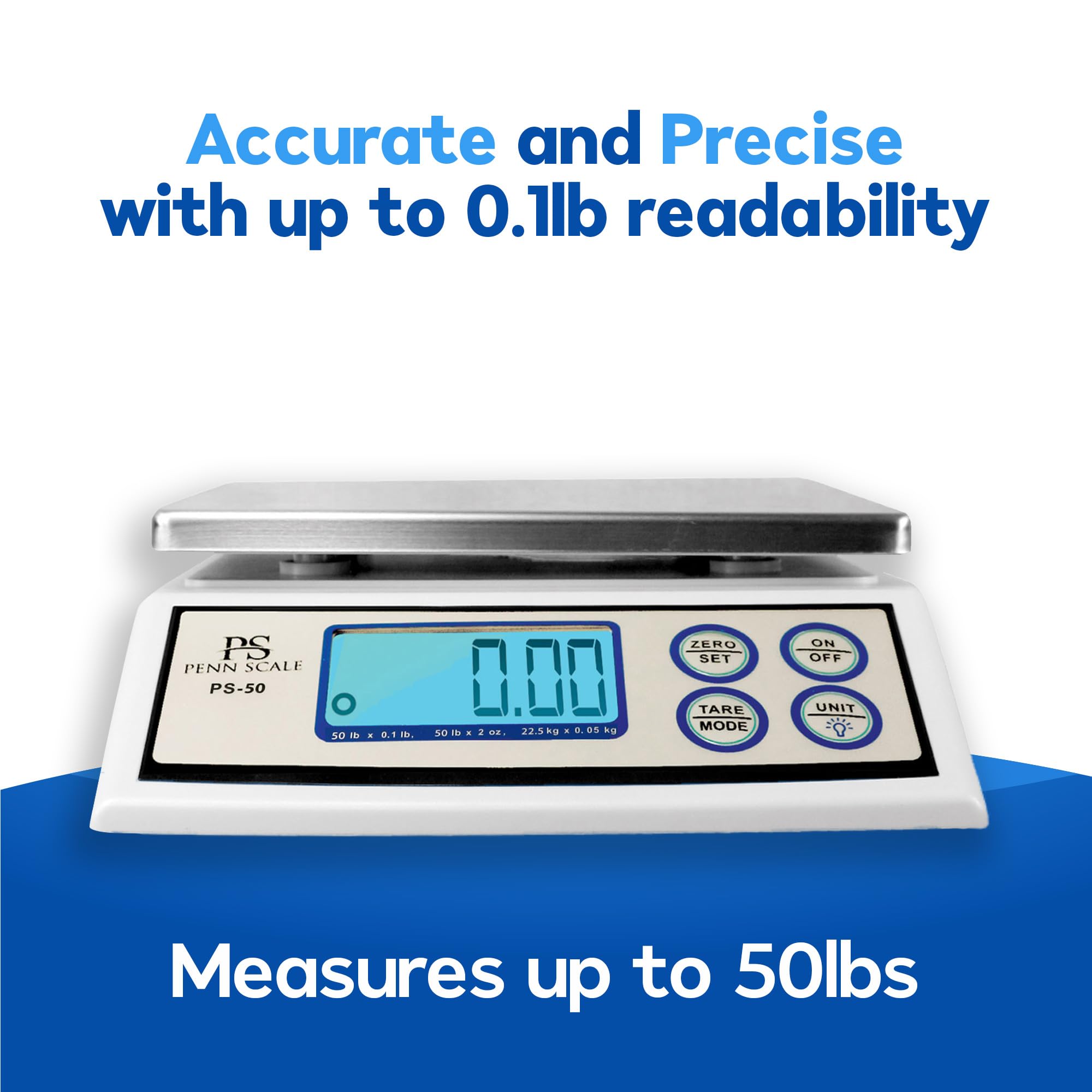 Penn PS-50 Digital Kitchen Scale 50lb Capacity with 0.1lb Precision - Removable Stainless Steel Platter, LCD Display & Unit Conversion (lb/oz/kg) - Perfect for Baking, Meal Prep & Portion Control (AC/Battery Powered)