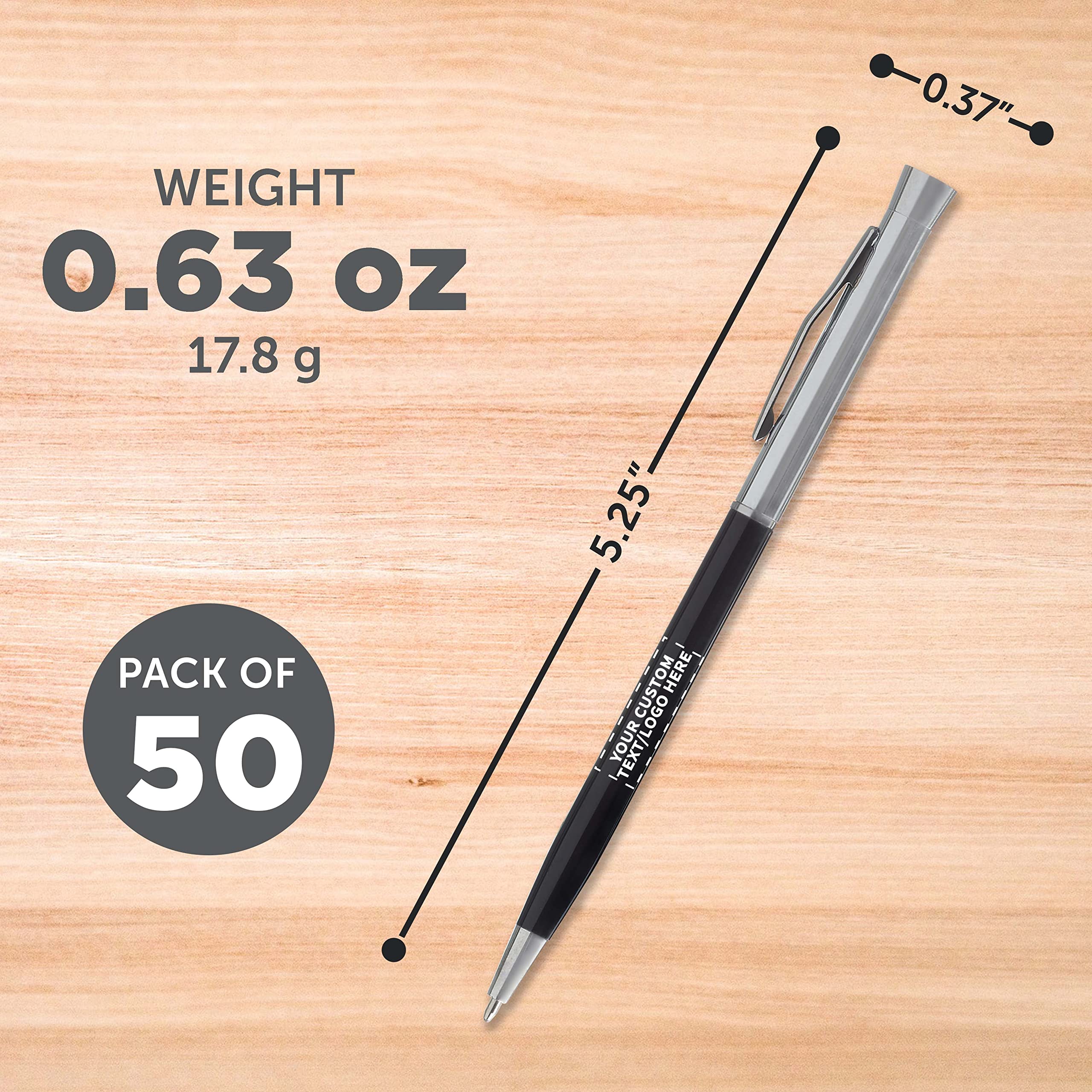 50 Pack Slim Metal Hotel Pens - Customizable Text & Logo - Two-Tone Minimalist Design with Black Ink - Perfect for Corporate Gifts, Events & Promotions