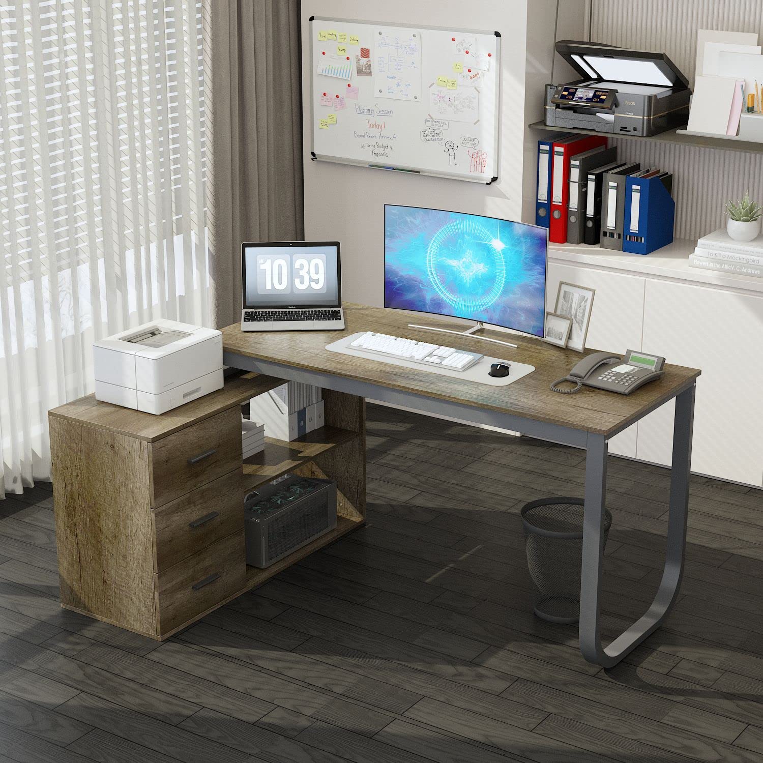 FAMAPY L-Shaped Home Office Desk with Drawers & Shelves, Wooden Corner Computer Gaming Desk for Small Spaces - Study, Work, Gaming in Bedroom or Home Office (Earthy Brown)