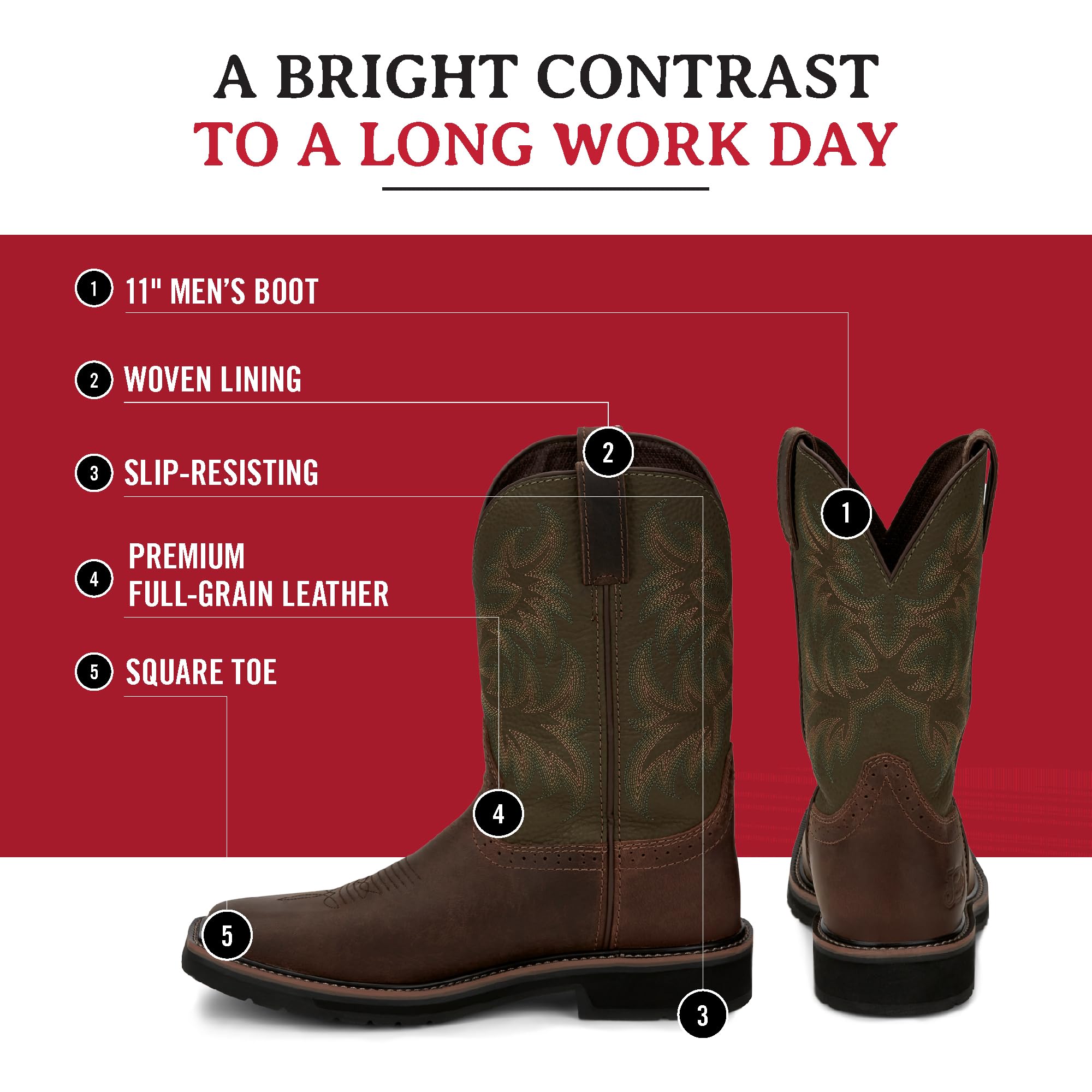 Justin Men's Driller 11'' Square Toe Work Boot - Steel Toe, Waterproof, Slip Resistant - Perfect for Construction, Warehouse & Outdoor Work