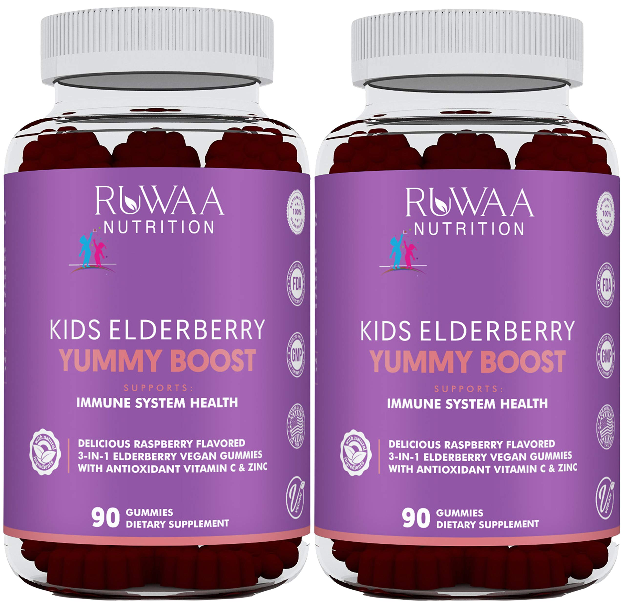 Kids Immune Support Vitamins - Elderberry Gummies with Zinc & Vitamin C for Children | Vegan, Gluten Free, Non-GMO Supplement for Bone, Brain, Lung & Skin Health | Perfect for Daily Wellness & Cold Season Protection