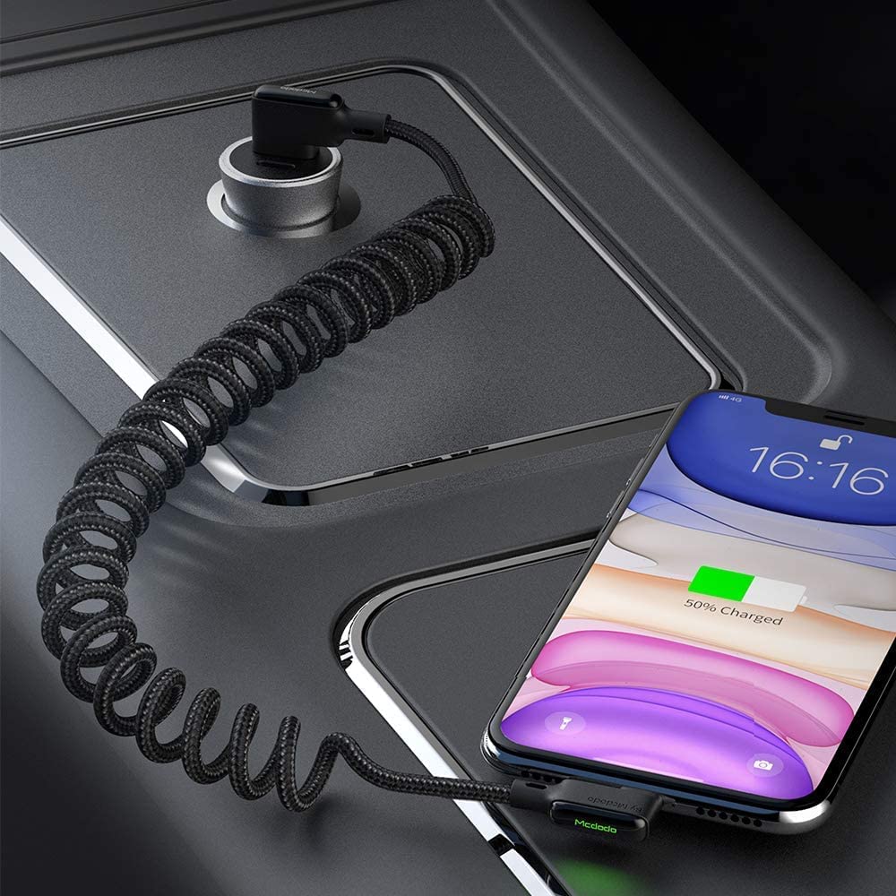 Mcdodo Anti-Winding 90° Right Angle Coiled USB Cable - 6FT/1.8M Nylon Braided Sync & Charge Cord with LED for iPhone 14/13/12/11 Pro Max (Black) - Perfect for Gaming, Travel & Tangle-Free Charging