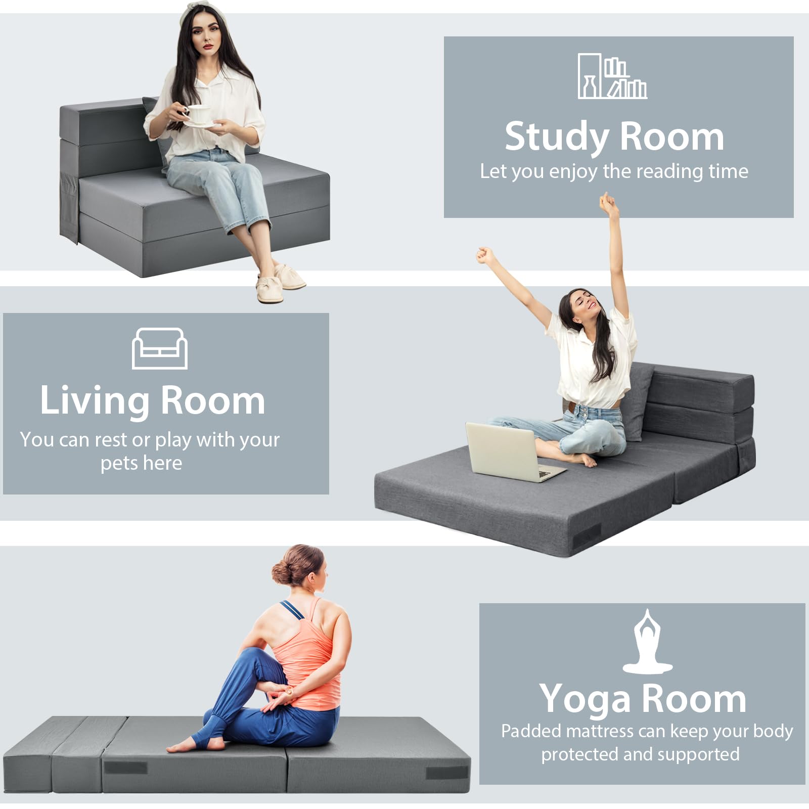 Giantex 6 Inch Tri-Fold Folding Sofa Bed with High-Density Foam Mattress & Removable Washable Cover - Portable Floor Couch with Pillow & Headrest for Guest Room, Small Space, Dorm, Apartment - Dark Grey