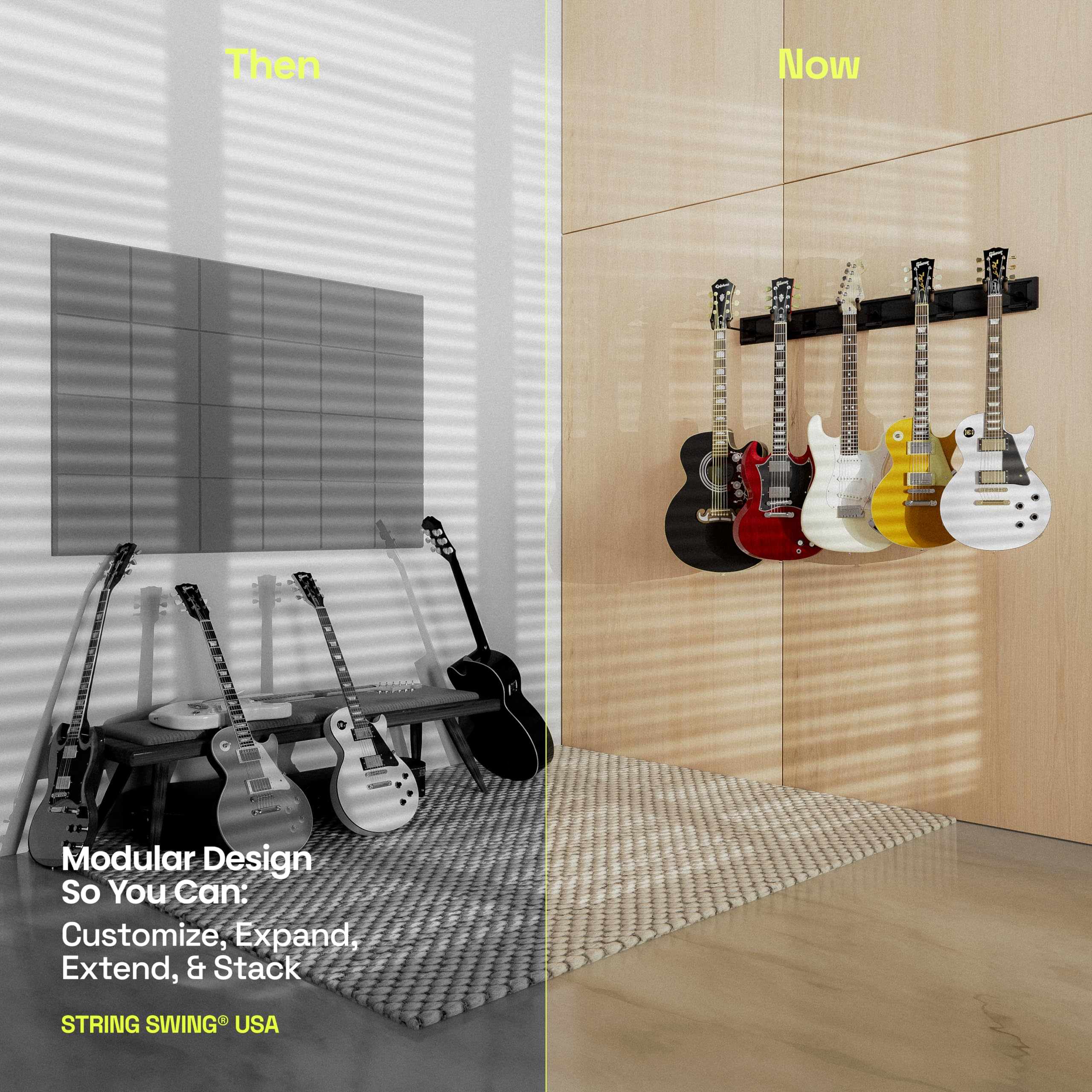 String Swing Guitar Wall Rack - 5 Padded Hangers for Acoustic & Electric Guitars | Wall Mount Guitar Organizer with Black Slatwall Rail | Made in USA | Perfect for Home Studios, Music Rooms & Stage Setups