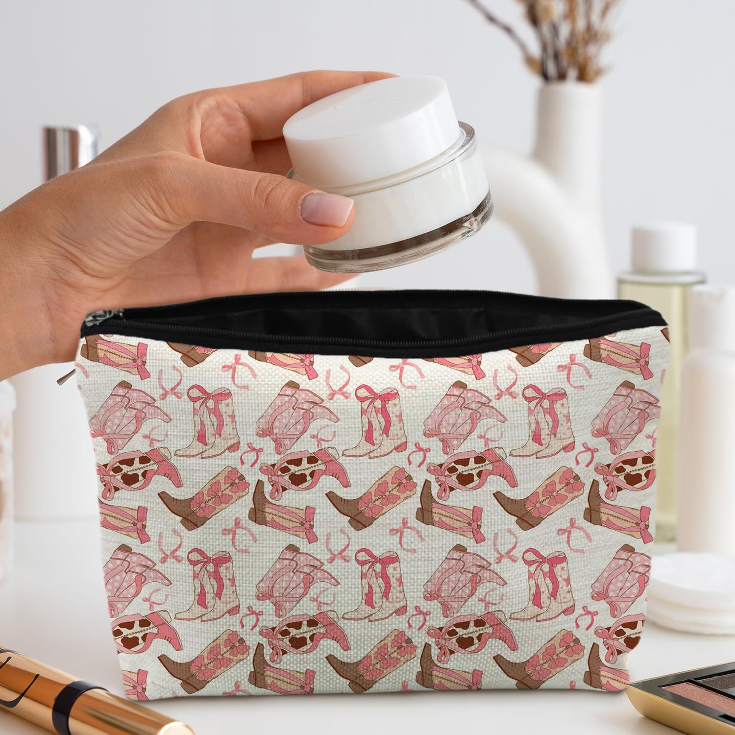Pink Western Makeup Bag with Coquette Bow | Cowgirl Aesthetic Cosmetic Pouch | Perfect for Travel, School & Gift Giving | Preppy Cowgirl Accessories for Women & Teens
