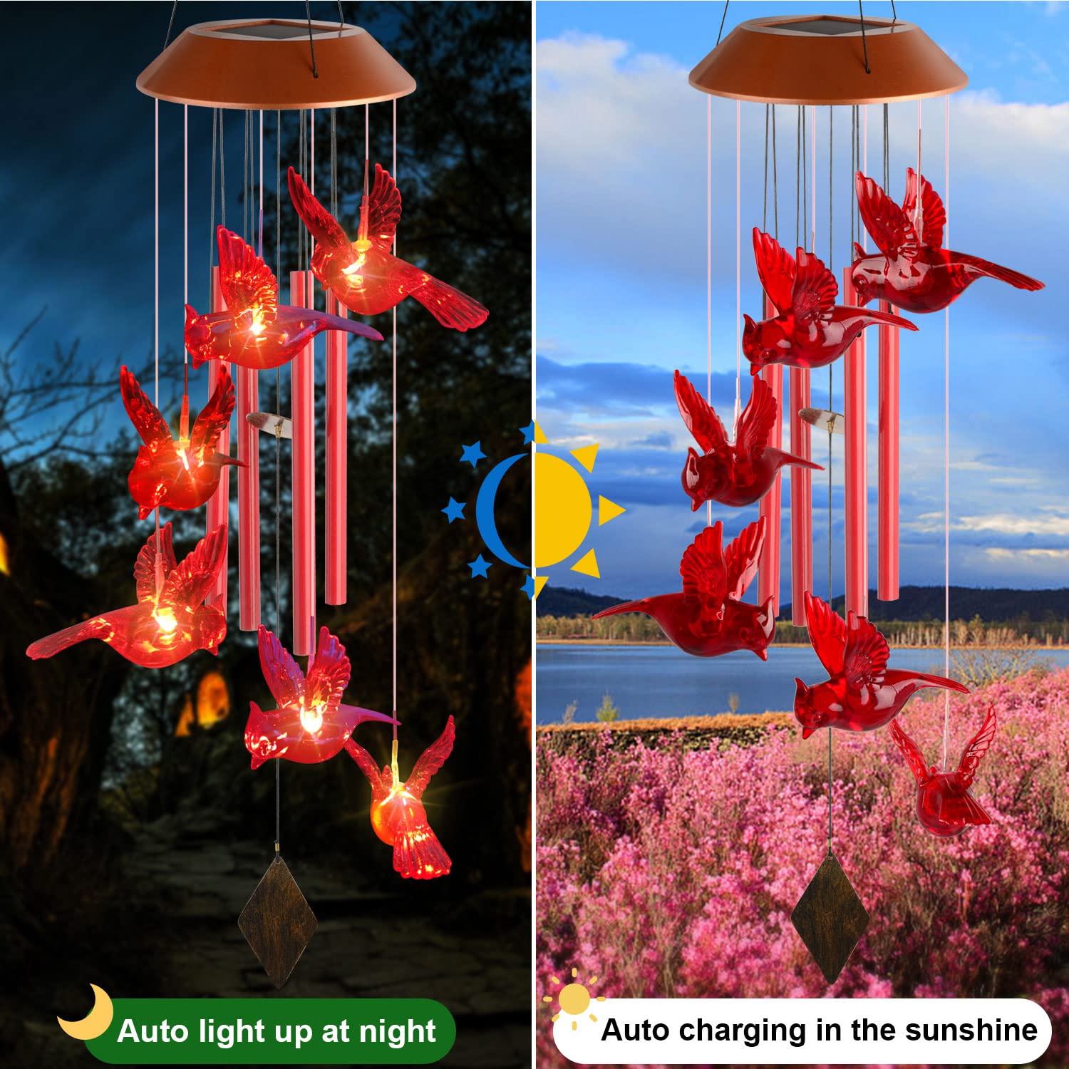 Solar Cardinal Wind Chime Lights - Unique Birthday & Gardening Gifts for Women, Mom, Grandma, Wife - Outdoor Garden Decor for Cardinal Lovers | Perfect for Patio, Backyard & Holiday Decorations
