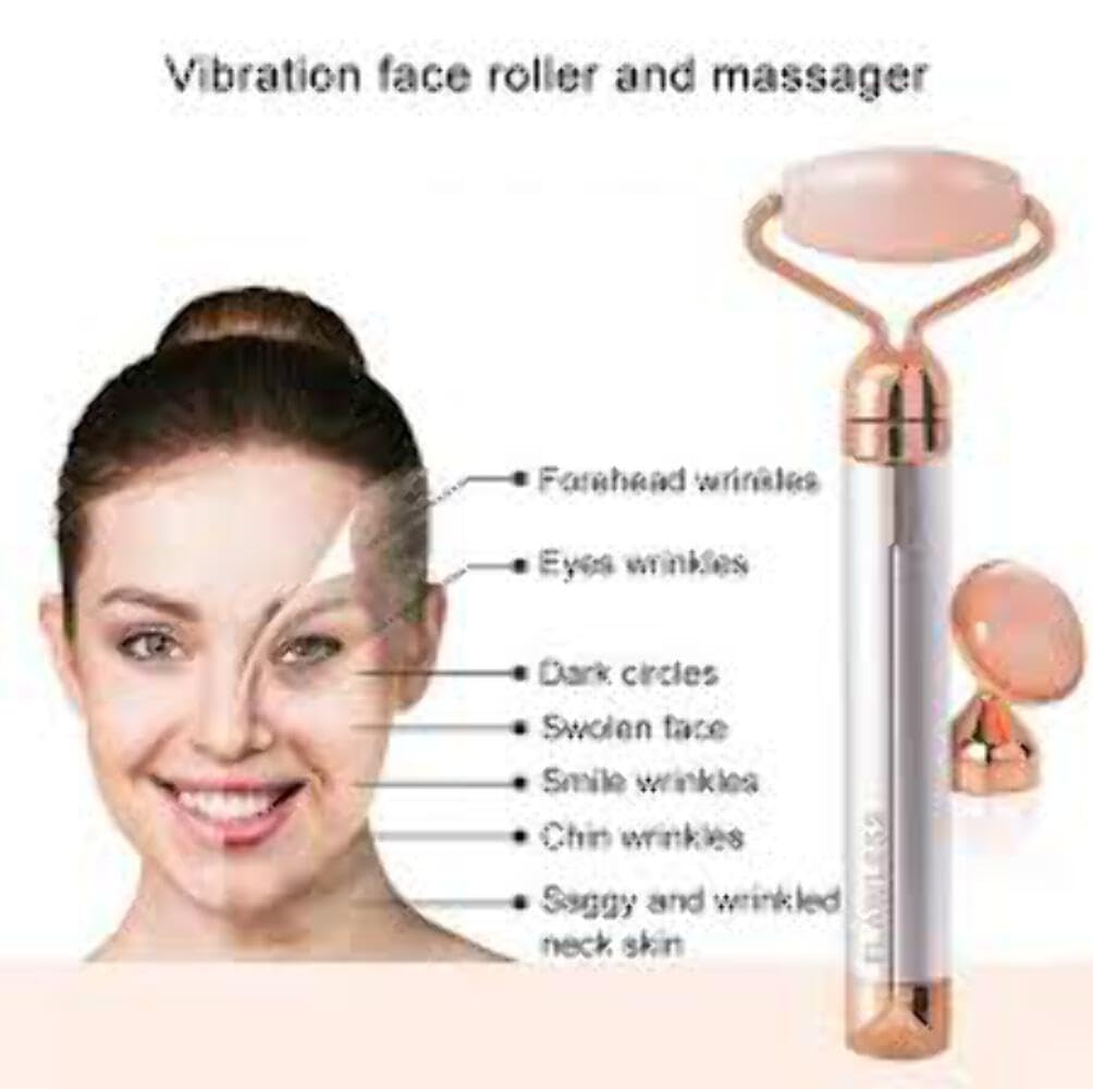 Finishing Touch Flawless Contour Vibrating Facial Roller & Massager - Rose Quartz Stone for Skin Tightening, Wrinkle Reduction & Lymphatic Drainage | Perfect for At-Home Spa, Self-Care Routine & Anti-Aging Skincare
