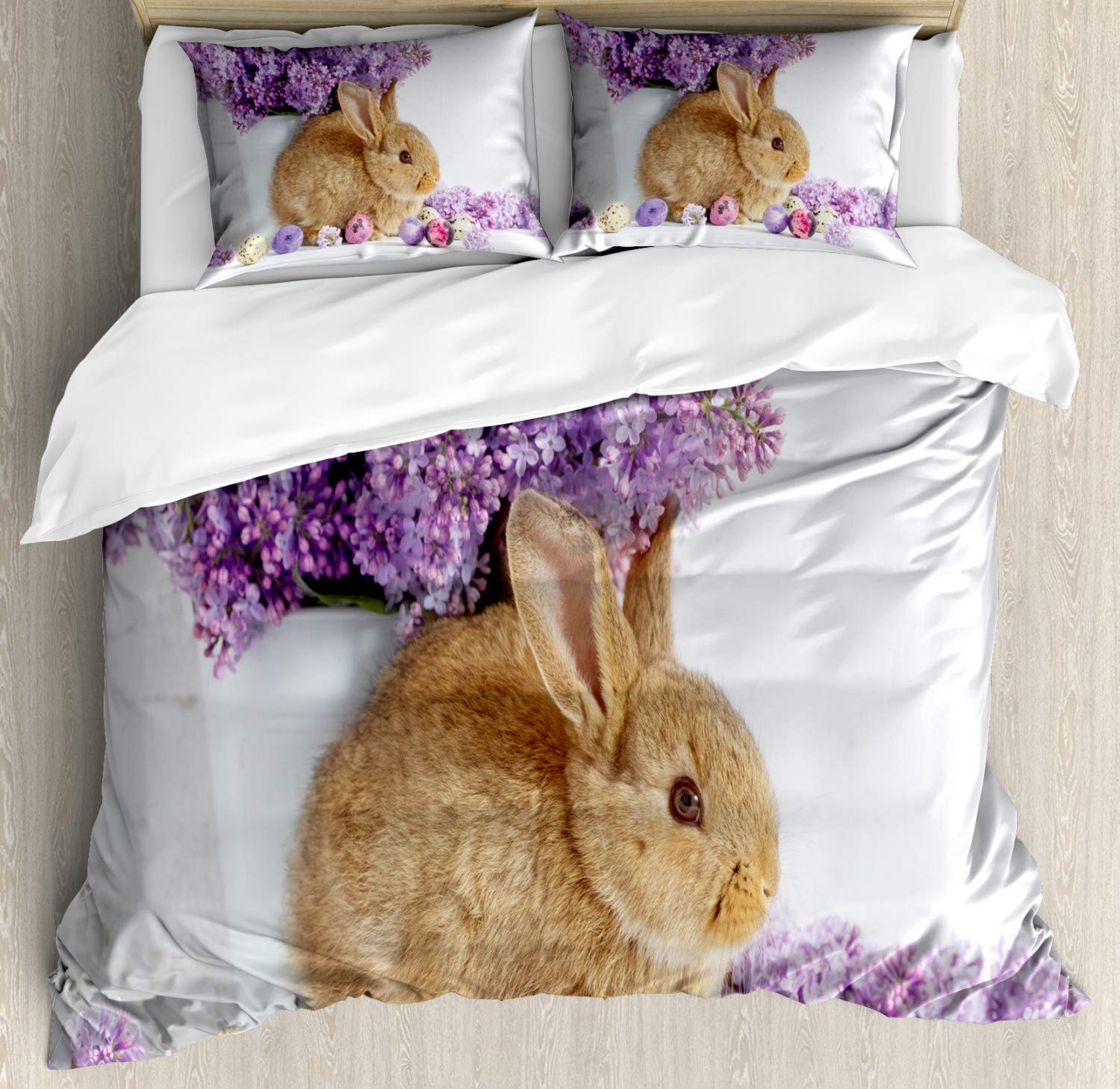 Ambesonne Easter Bunny Duvet Cover Set - Queen Size 3 Piece Bedding with 2 Pillow Shams, Rabbit with Lilac Flowers & Easter Eggs Design, Spring Home Decor for Easter Celebration & Seasonal Bedroom Refresh
