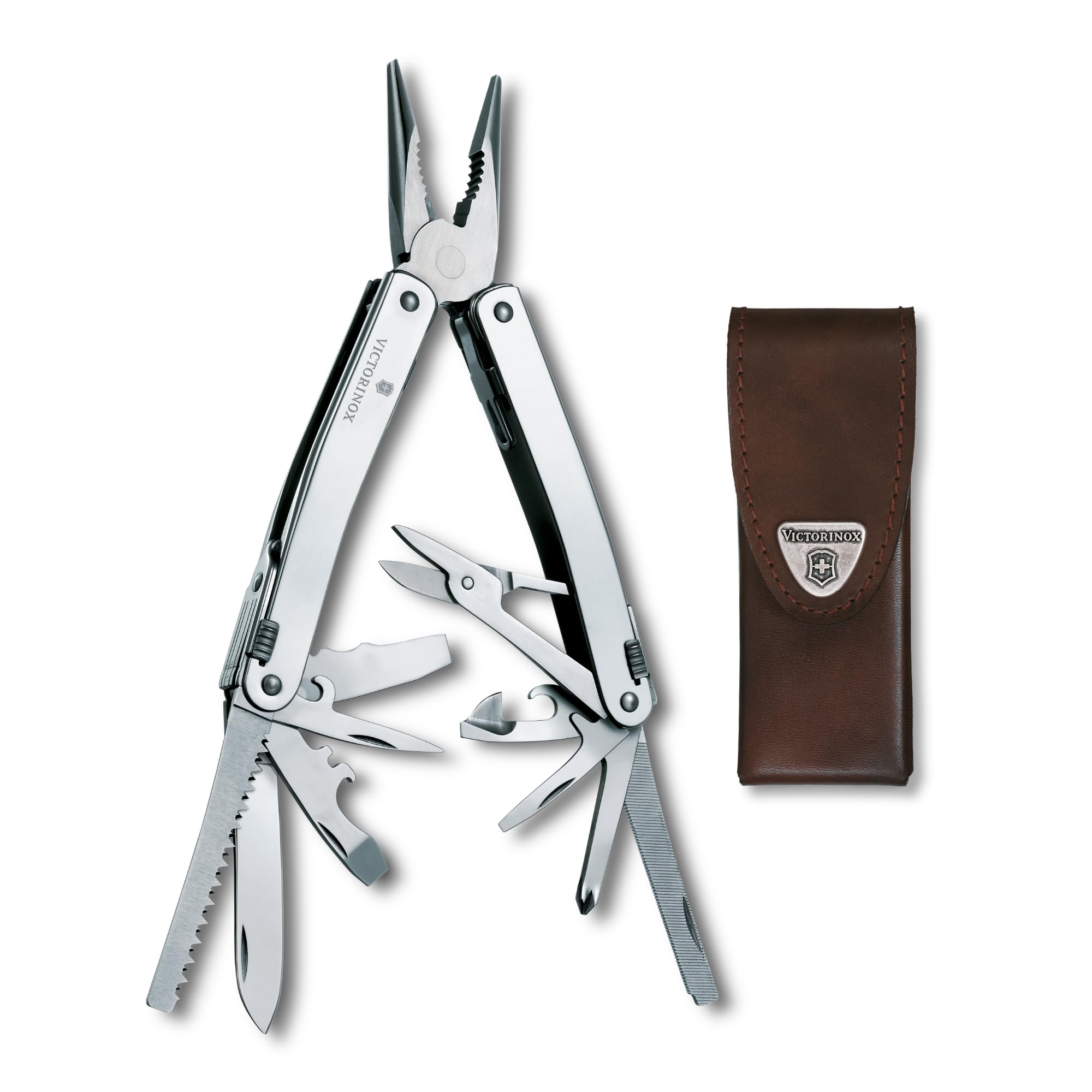 Victorinox Swiss Tool Spirit X Multitool - 24 Functions with Locking Blade & Combination Pliers, Includes Leather Case (Silver) - Perfect for Camping, Hiking, and Everyday Carry