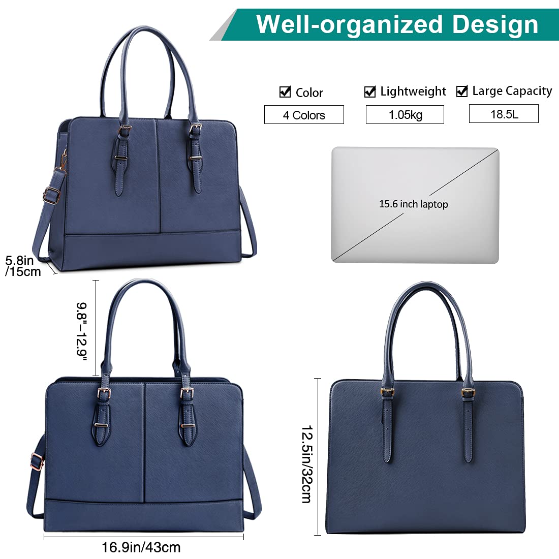 Premium Leather Laptop Tote Bag for Women - 15.6 Inch Waterproof Business Work Bag with Large Capacity - Professional Office Shoulder Handbag in Blue - Perfect for Commuting, Business Travel & Work Meetings