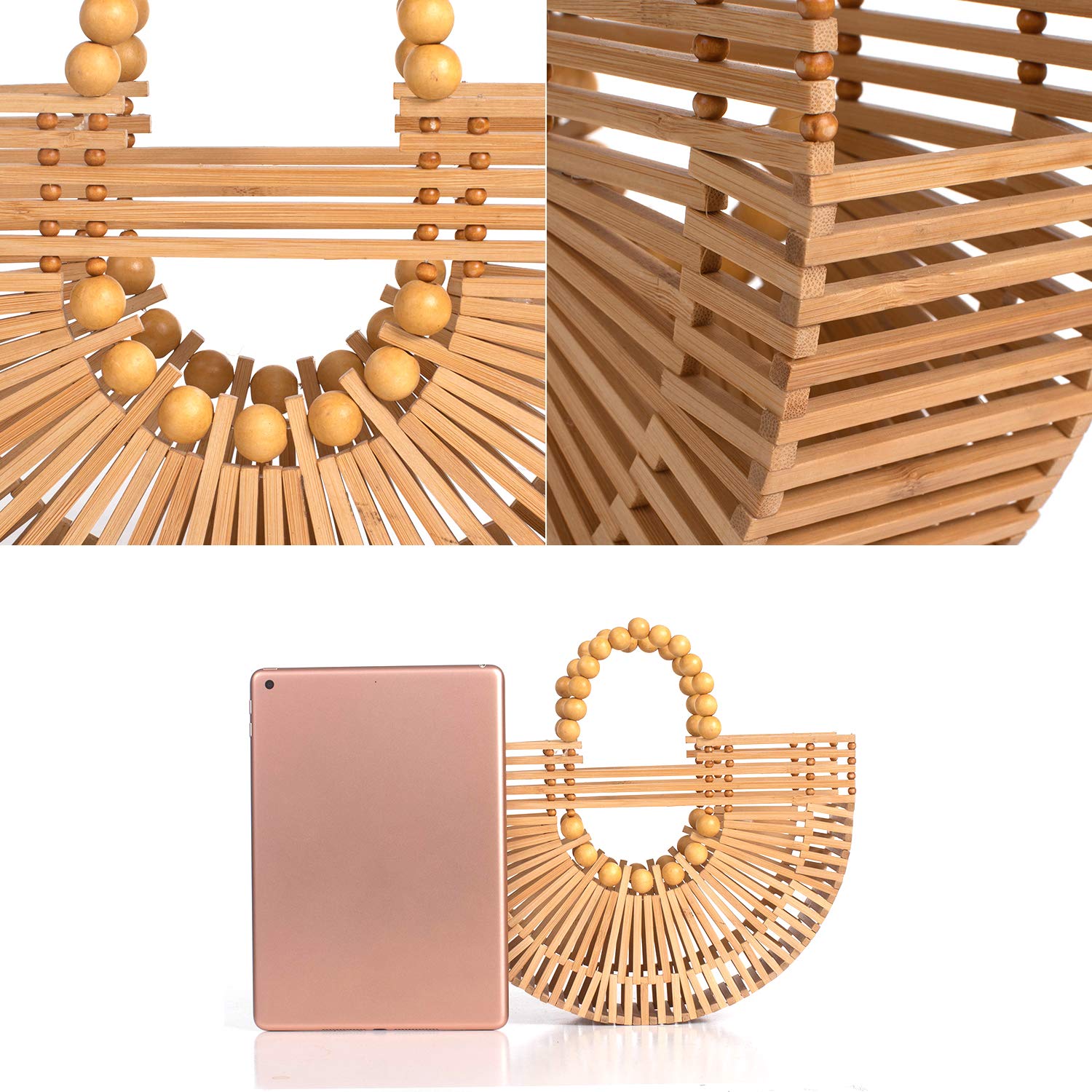 Eco-Friendly Women's Bamboo Tote Bag with Wooden Beads - Handmade Straw Purse for Summer, Beach, Travel & Shopping - Perfect for Casual Outings, Picnics and Vacation Accessories