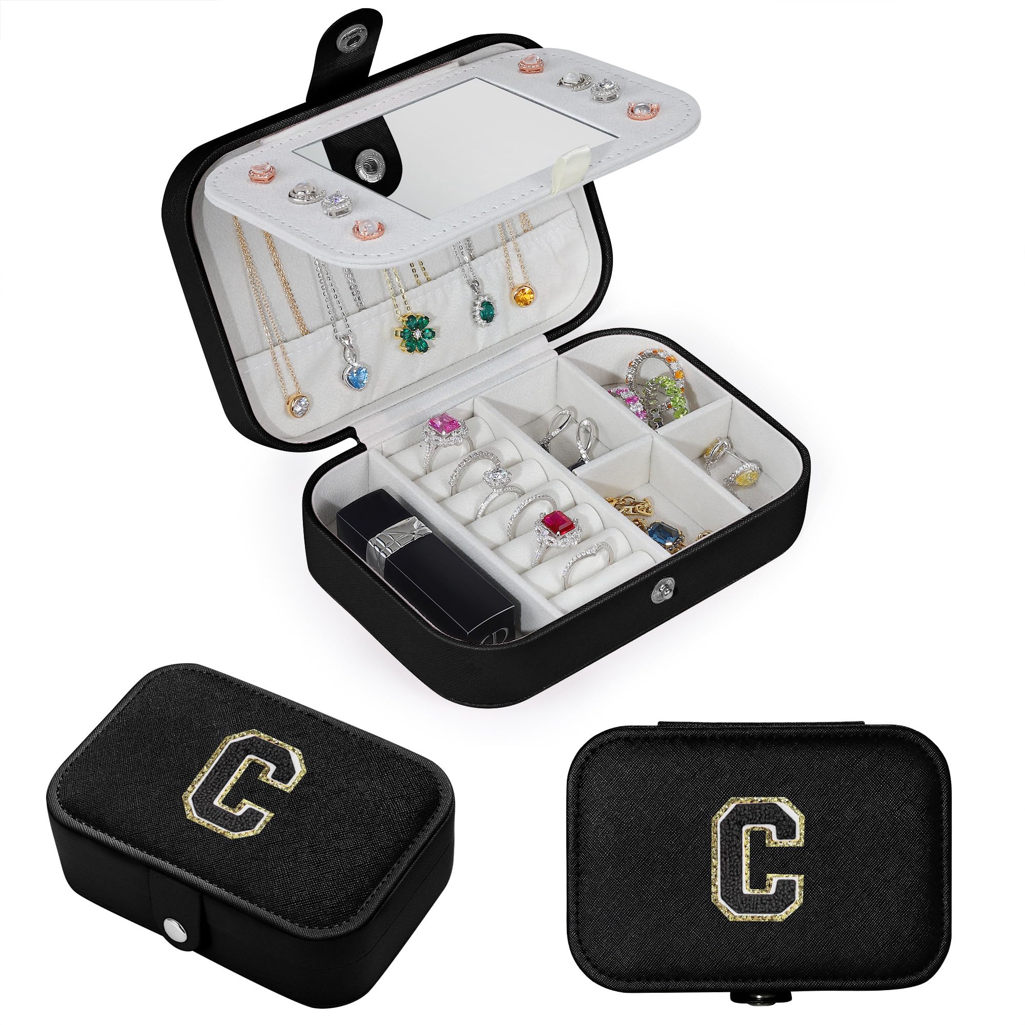 Parima Jewelry Travel Organizer for Women - Necklace, Ring & Earrings Holder | Compact & Stylish Black Jewelry Case (Letter C) | Perfect Travel Essential & Gift for Women | Ideal for Vacations, Business Trips & Daily Use