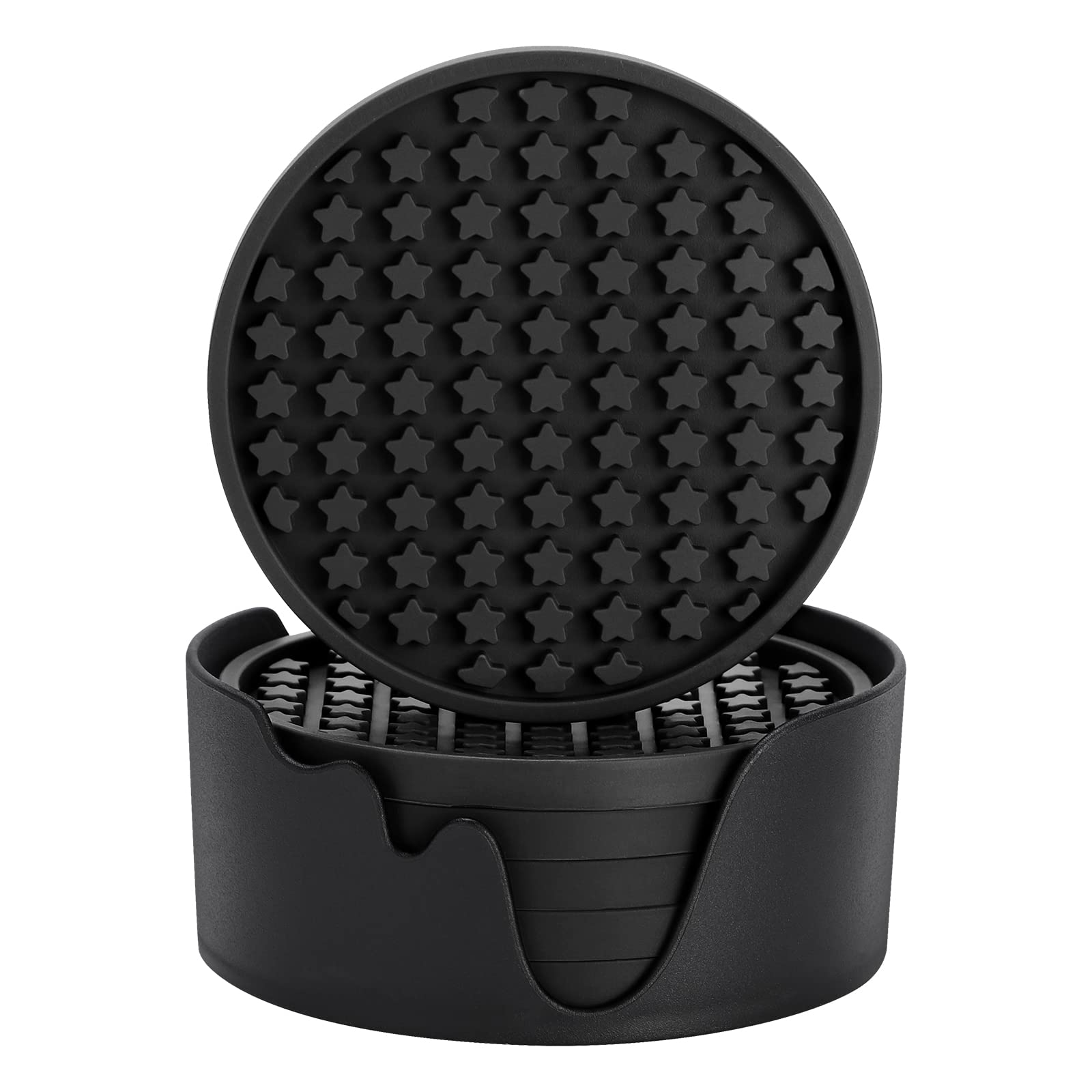 ME.FAN 6-Pack Silicone Drink Coasters with Holder - Non-Slip, Thickened Cup Mats for Hot & Cold Beverages - Star Design Deep Tray Protects Tables from Water Rings & Scratches - Perfect for Home, Office, Bar, and Party Use