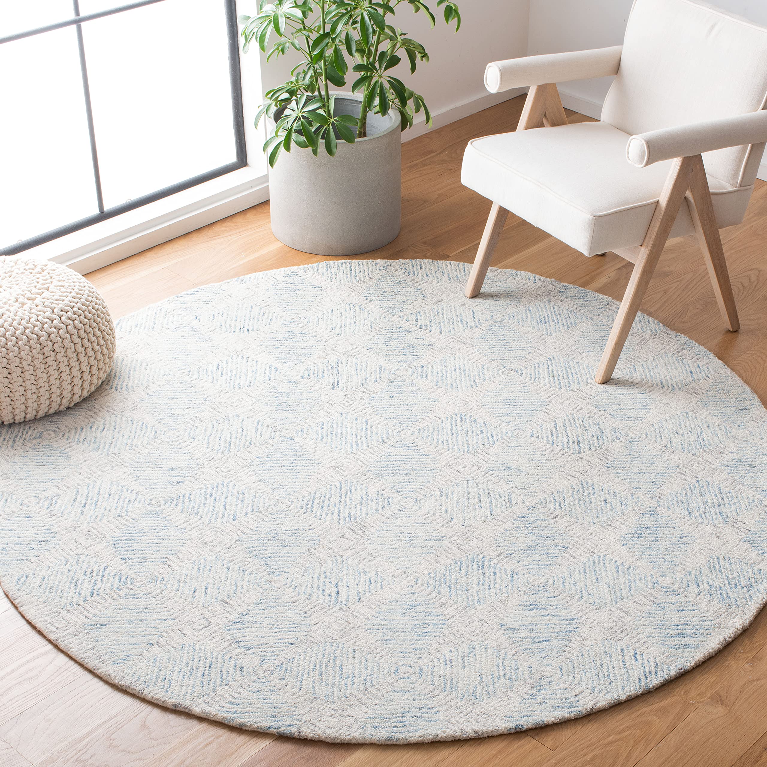 SAFAVIEH Abstract Collection 6-Foot Round Ivory & Light Blue Wool Area Rug ABT654A - Handmade Premium for Living Room, Bedroom Decor