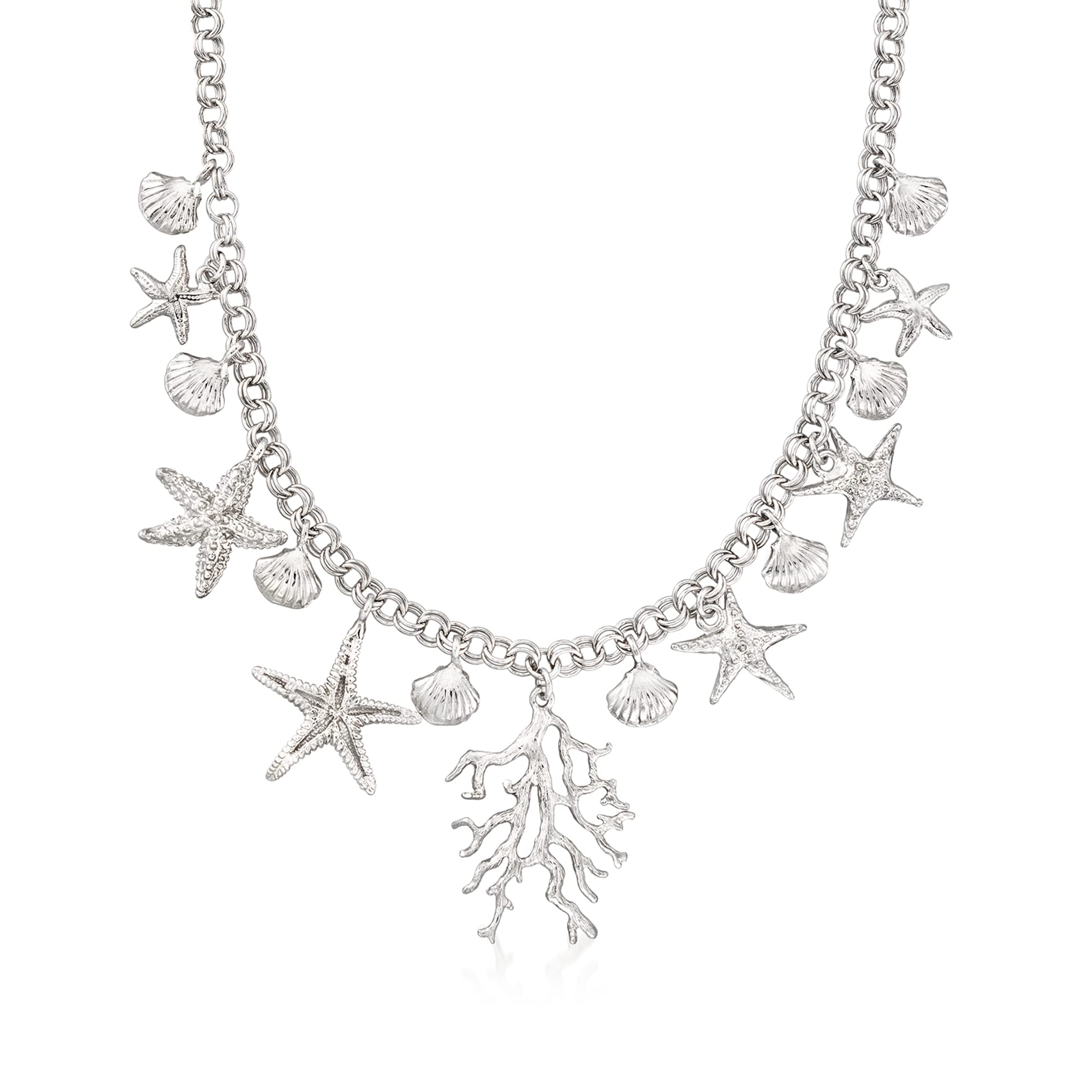Ross-Simons Italian Sterling Silver Sea Life Charm Necklace - Dainty Ocean-Themed Jewelry for Women - Perfect for Beach Vacations, Gift Giving & Everyday Wear