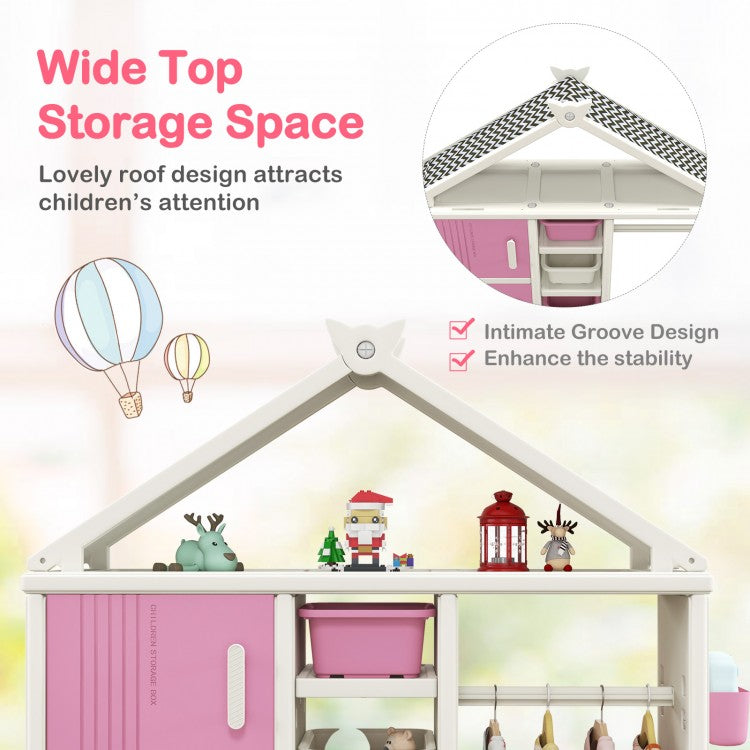Pink Kids Costume Storage Closet with Bins, Shelves & Side Baskets - Organizer for Kids Room, Playroom & Nursery - Perfect for Toys, Clothes & Accessories Storage