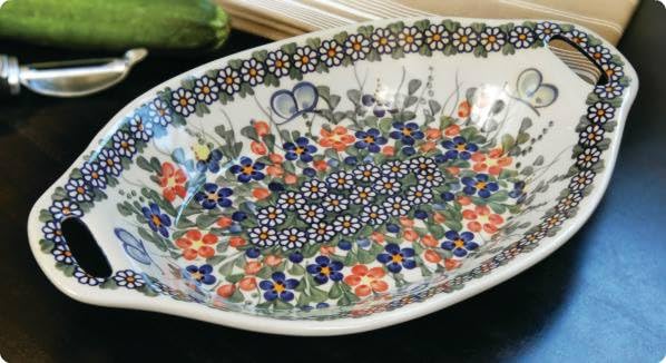 Handmade Blue Rose Polish Pottery Butterfly Bread Tray with Handles - Elegant Serving Platter for Garden Parties, Tea Time & Home Decor
