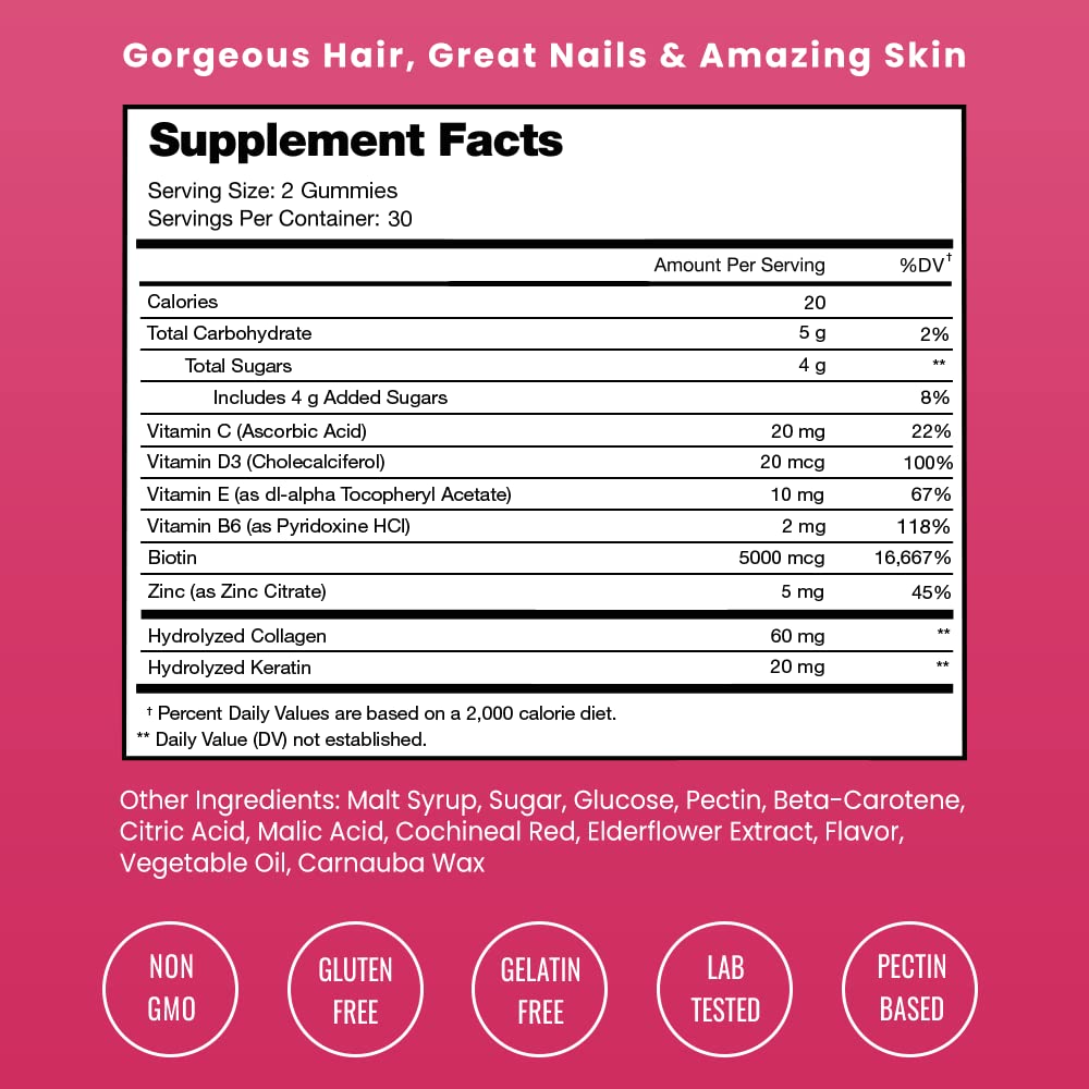 NutraChamps Biotin 5000mcg Gummies for Hair Growth, Skin & Nails - Collagen & Keratin Supplement with Vitamins, Berry Flavor, 120 Count (Pack of 2) - Supports Healthy Hair, Glowing Skin & Strong Nails - Perfect for Daily Beauty Routine & Wellness Support