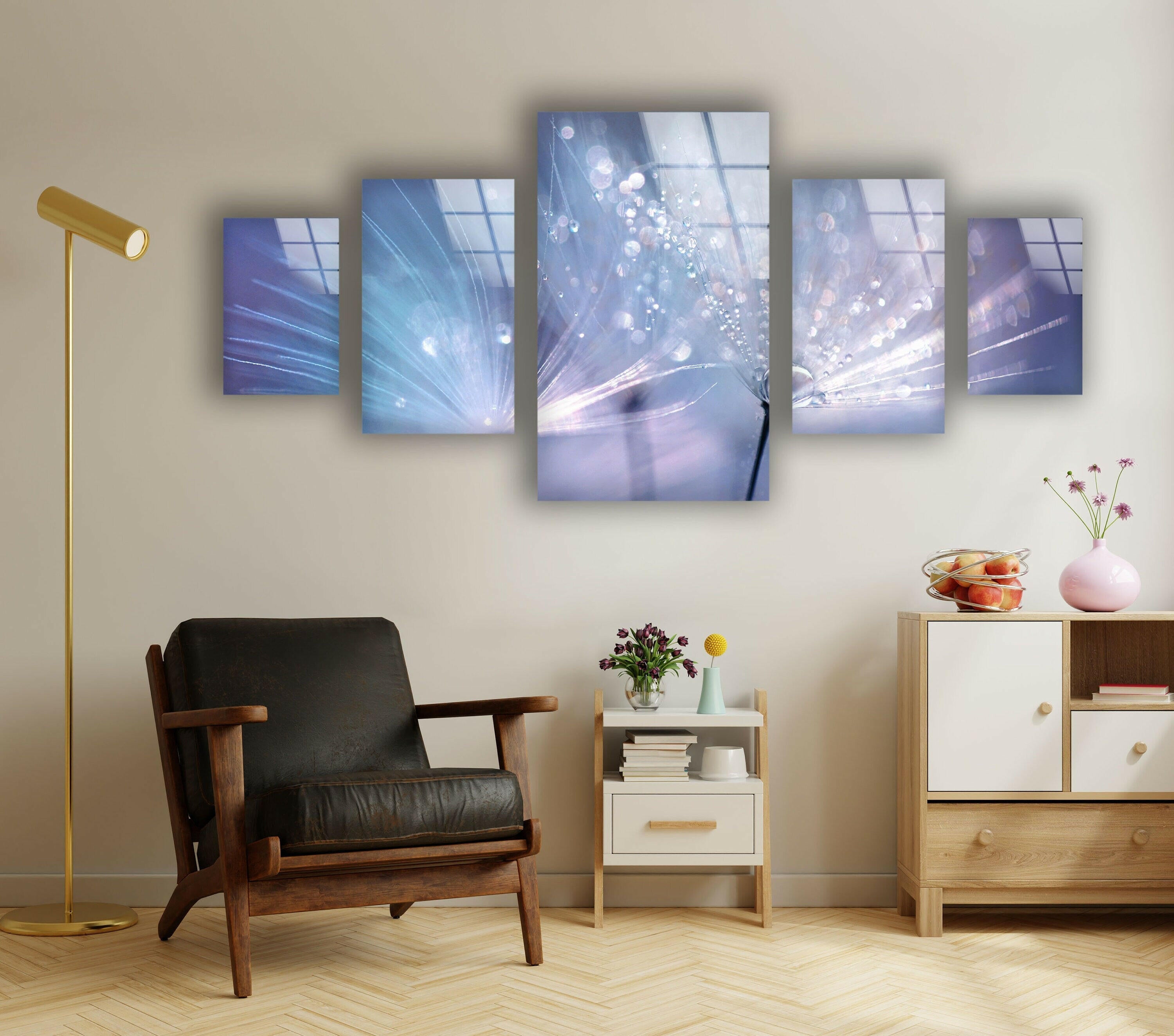 Blue Dew Drops on Dandelion Flowers Glass Wall Art - Elegant Nature-Inspired Home Decor for Living Room, Bedroom & Office