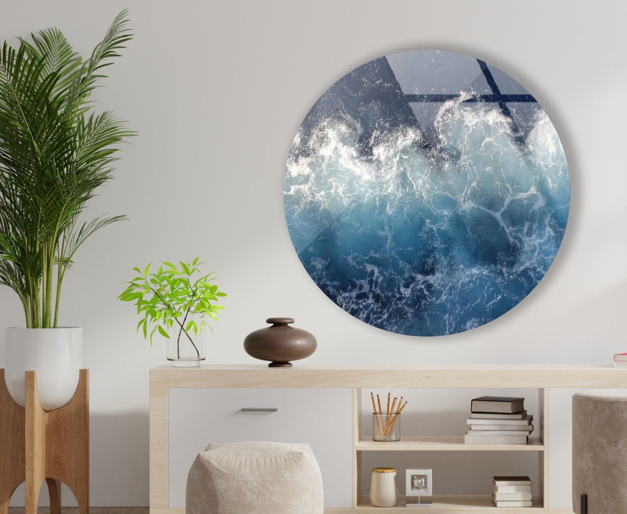 Abstract Round Ocean Waves Glass Wall Art - Coastal Beach Decor for Living Room, Bedroom & Office - Handmade Seascape Mural for Home & Office Decor