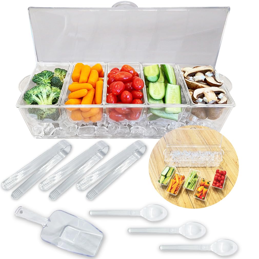 Evelots 5-Compartment Condiment Server with Hinged Lid | Plastic Garnish Serving Tray | Includes 7 Utensils | Perfect for BBQs, Picnics, Parties & Outdoor Dining | Chilled Food Storage Container for Sauces, Dips & Toppings