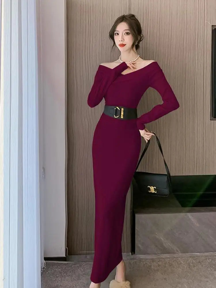 Beige Knit Sweater Dress for Women - Autumn Winter Long Sleeve V-Neck Slim Fit High Waist Elegant Party Dress (Black, Red) - Perfect for Evening Events, Date Nights & Holiday Gatherings