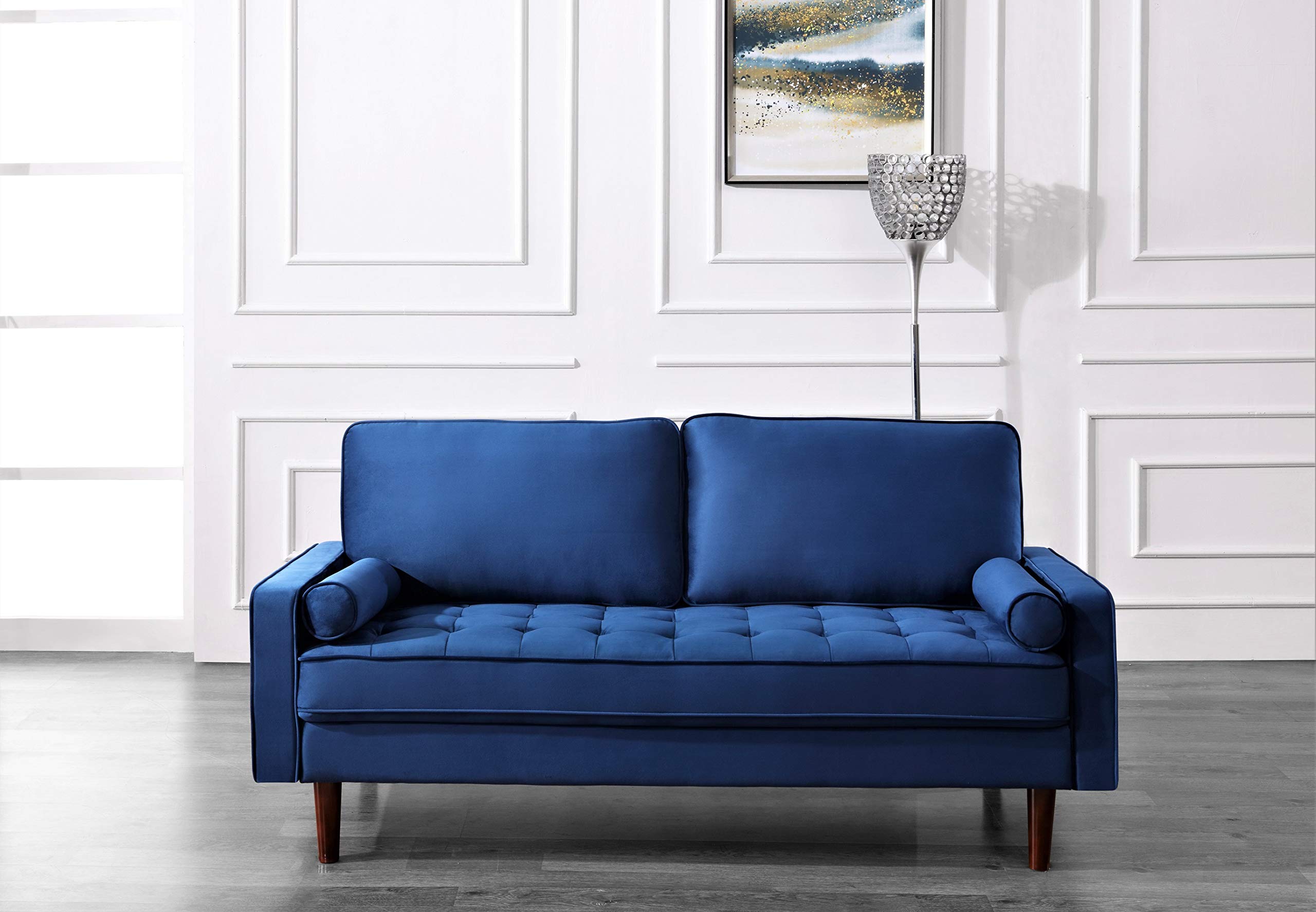 Mid Century Modern Velvet Upholstered Tufted Sofa with Bolster Pillows - Blue Container Furniture for Living Room, Lounge & Home Decor