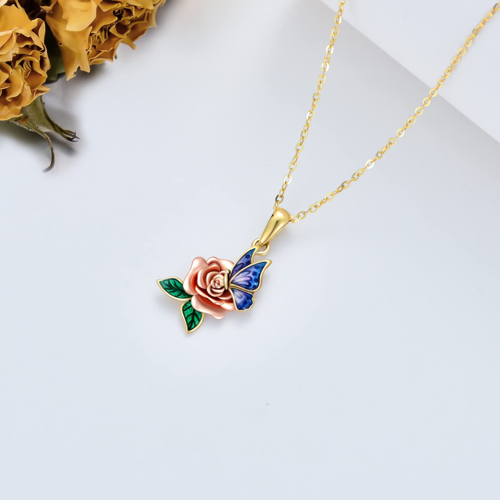 SISGEM 10K Real Gold Butterfly Rose Pendant Necklace for Women - Yellow & Rose Gold Floral Jewelry, Dainty Rose Butterfly Necklace Gift for Birthday, Christmas, Anniversary (16+1+1 Inch) - Perfect for Everyday Wear, Date Nights & Special Occasions
