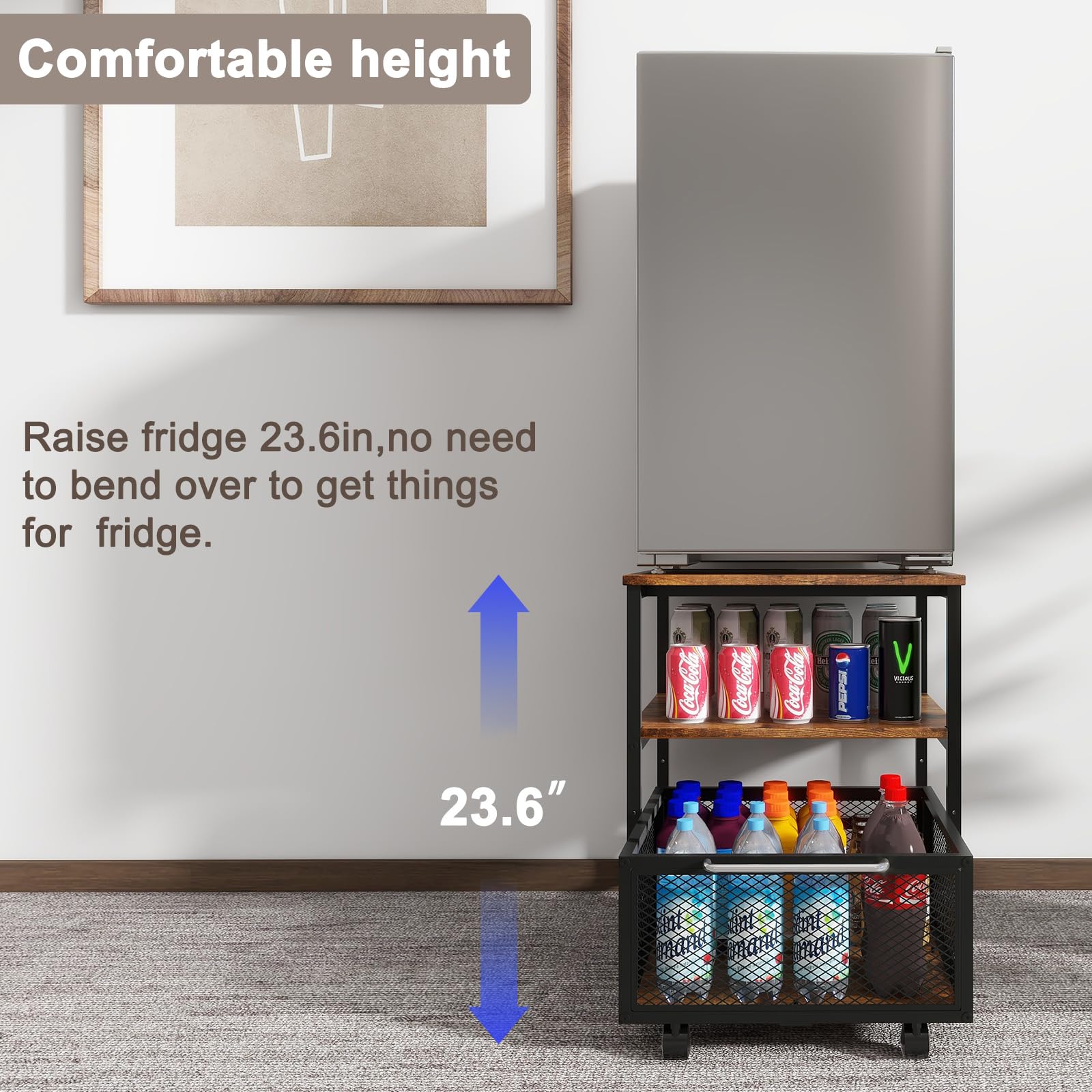 PUNCIA 19.7x19.7 Inch Heavy Duty Mini Fridge Stand with Storage & 4 Lockable Wheels - Compact Beverage Refrigerator Table for Coffee Bar, Office, Home, Bedroom & Dorm - Perfect for Small Spaces & Drink Storage Organization