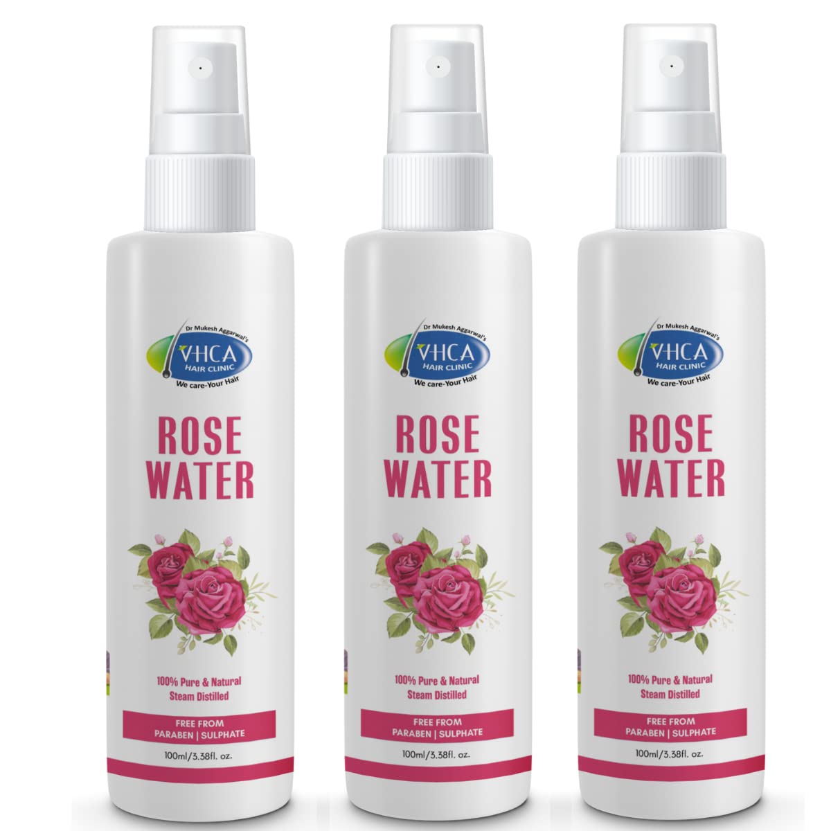VHCA Pure Distilled Rose Water Facial Spray - Hydrating & Refreshing Toner for Oily, Dry & Normal Skin | Alcohol-Free Skin Care for Men & Women | 3-Pack (100ml Each) | Perfect for Daily Skincare, Makeup Setting & Summer Cooling