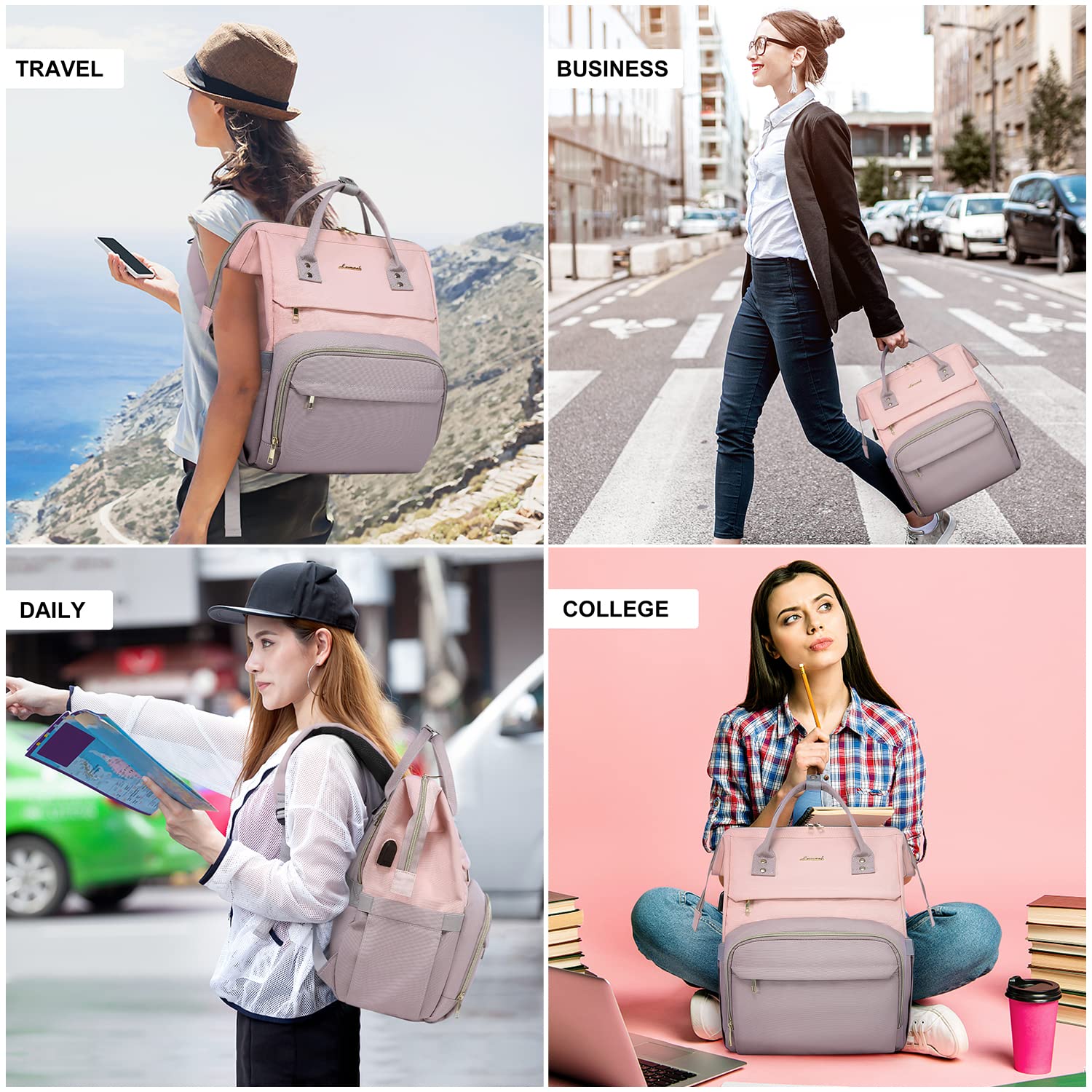 LOVEVOOK Women's Fashion Laptop Backpack with USB Port - Stylish Business Travel Bag for Work, School & Commute, Fits 15.6-Inch Laptop in Pink-Taro Purple, Perfect for Doctors, Nurses & Professionals