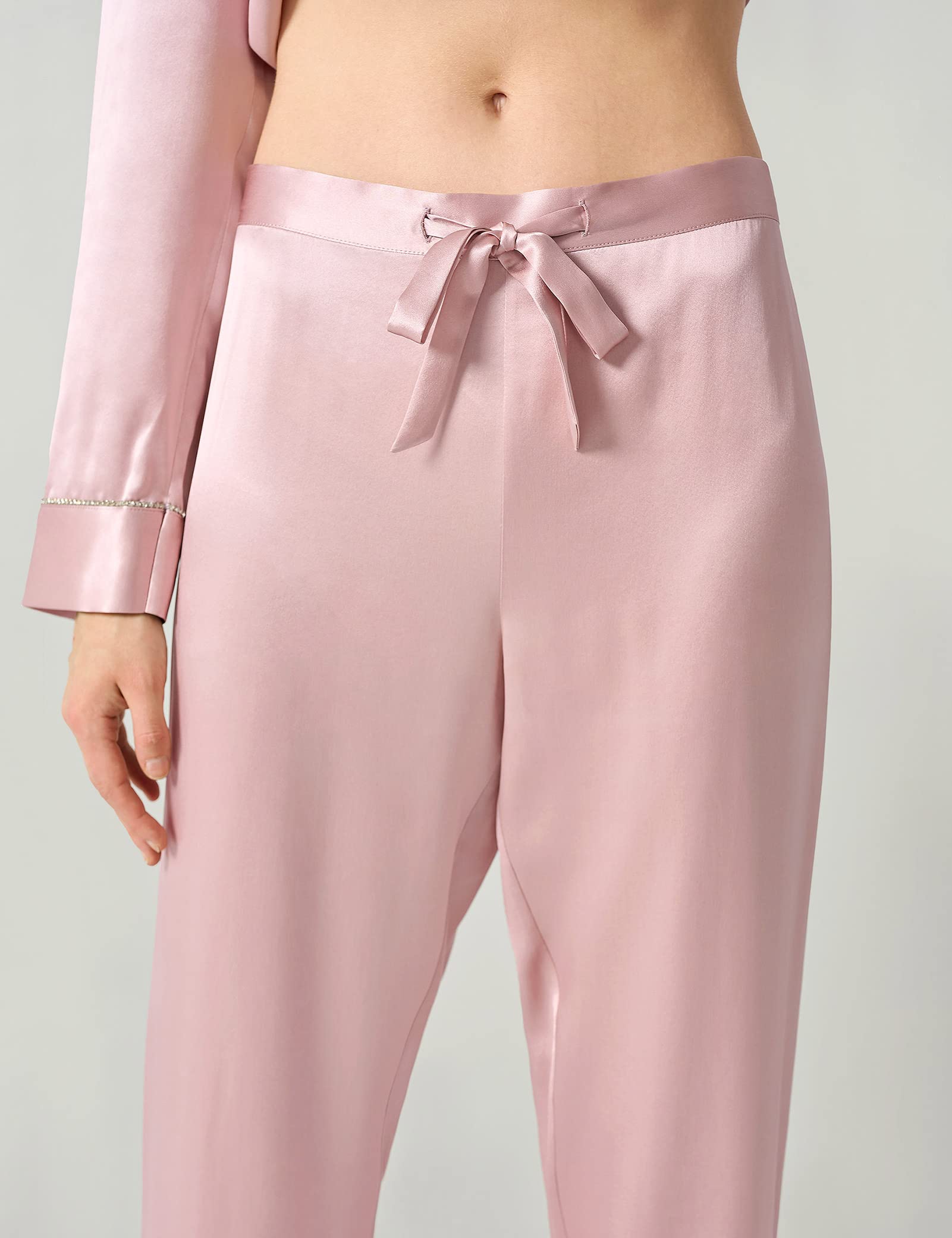 Luxury 100% Pure Silk Pajama Set for Women - Rhinestone Trimmed Long Sleeve Sleepwear & Loungewear | Perfect for Relaxing at Home, Spa Nights & Gift Giving