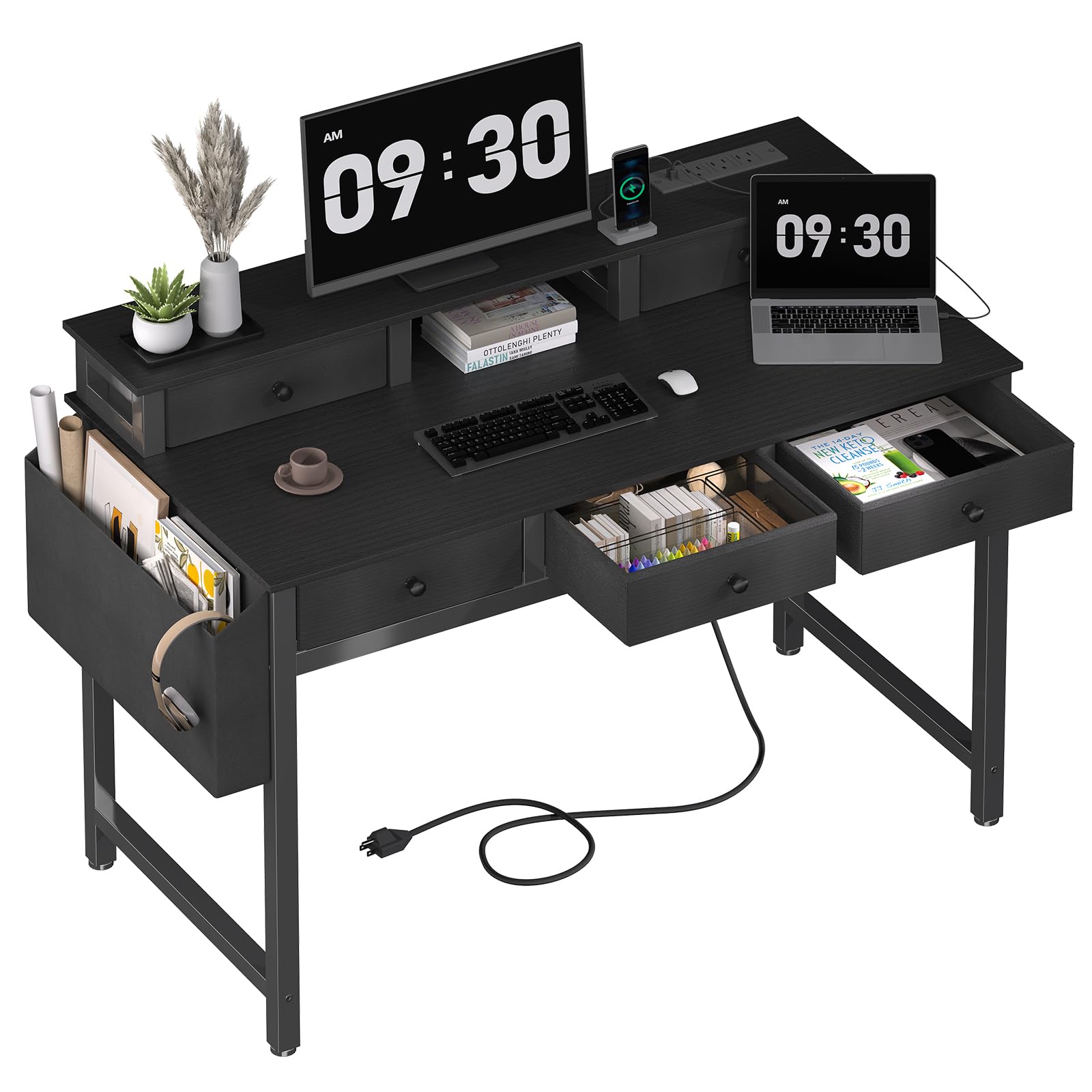 Lufeiya 40 Inch Black Computer Desk with Drawers - Home Office Desk with Storage, Power Outlet & Monitor Stand - Study Desk for Bedroom, Gaming & Workstation Use