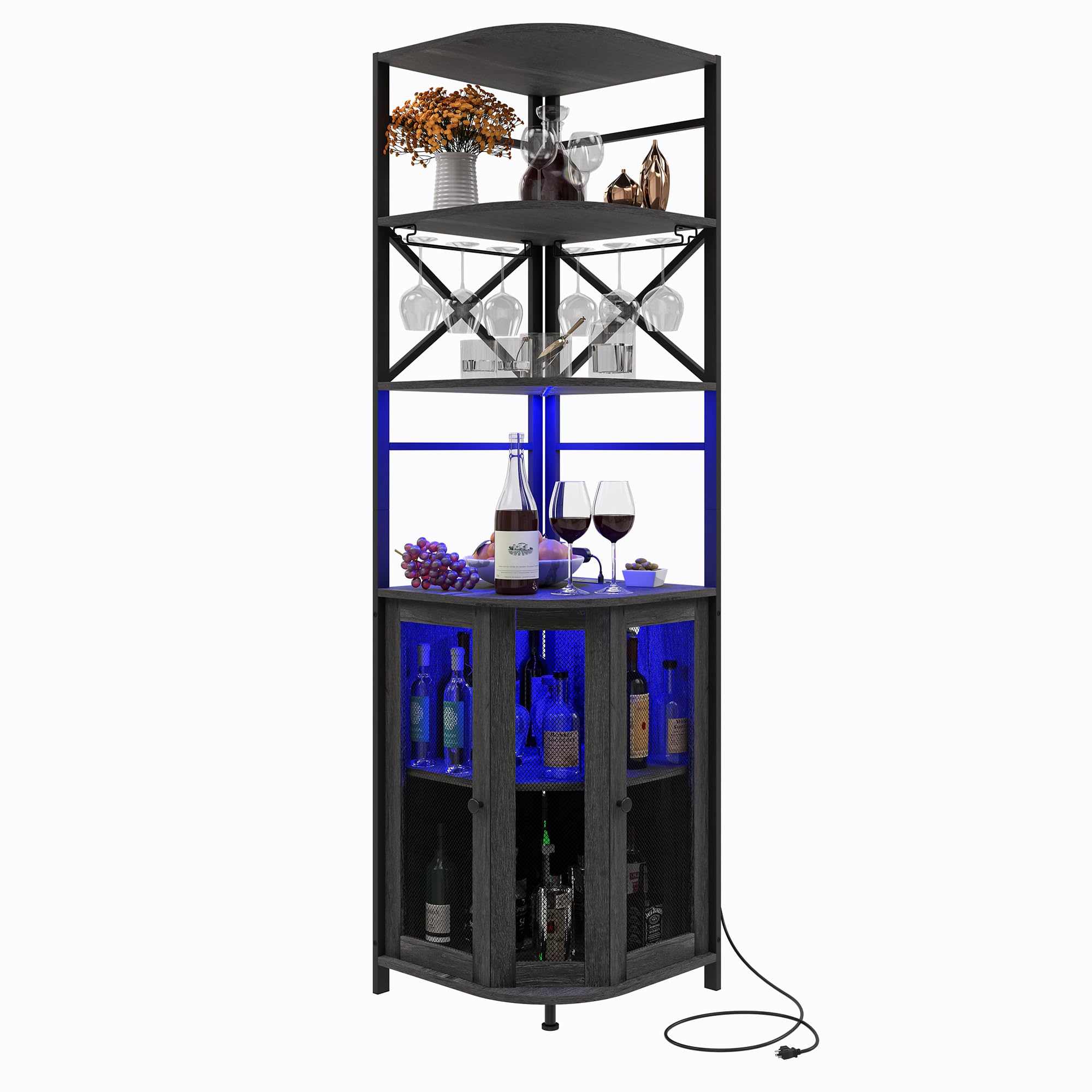 6-Tier Industrial Wine Bar Cabinet with LED Light, Power Outlet & Adjustable Shelves - Corner Liquor Storage with Glass Holder & Mesh Door - Perfect for Home Bars, Dining Rooms & Entertaining Guests