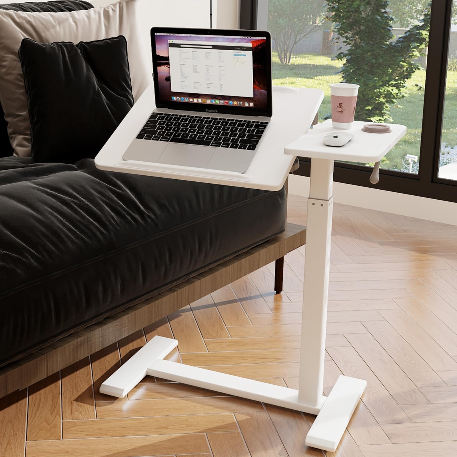 PUNCIA Adjustable Pneumatic Overbed Table with Wheels - Split Top Tilting Bedside Table with Tray - Rolling Laptop Computer Standing Desk Cart (Height 27
