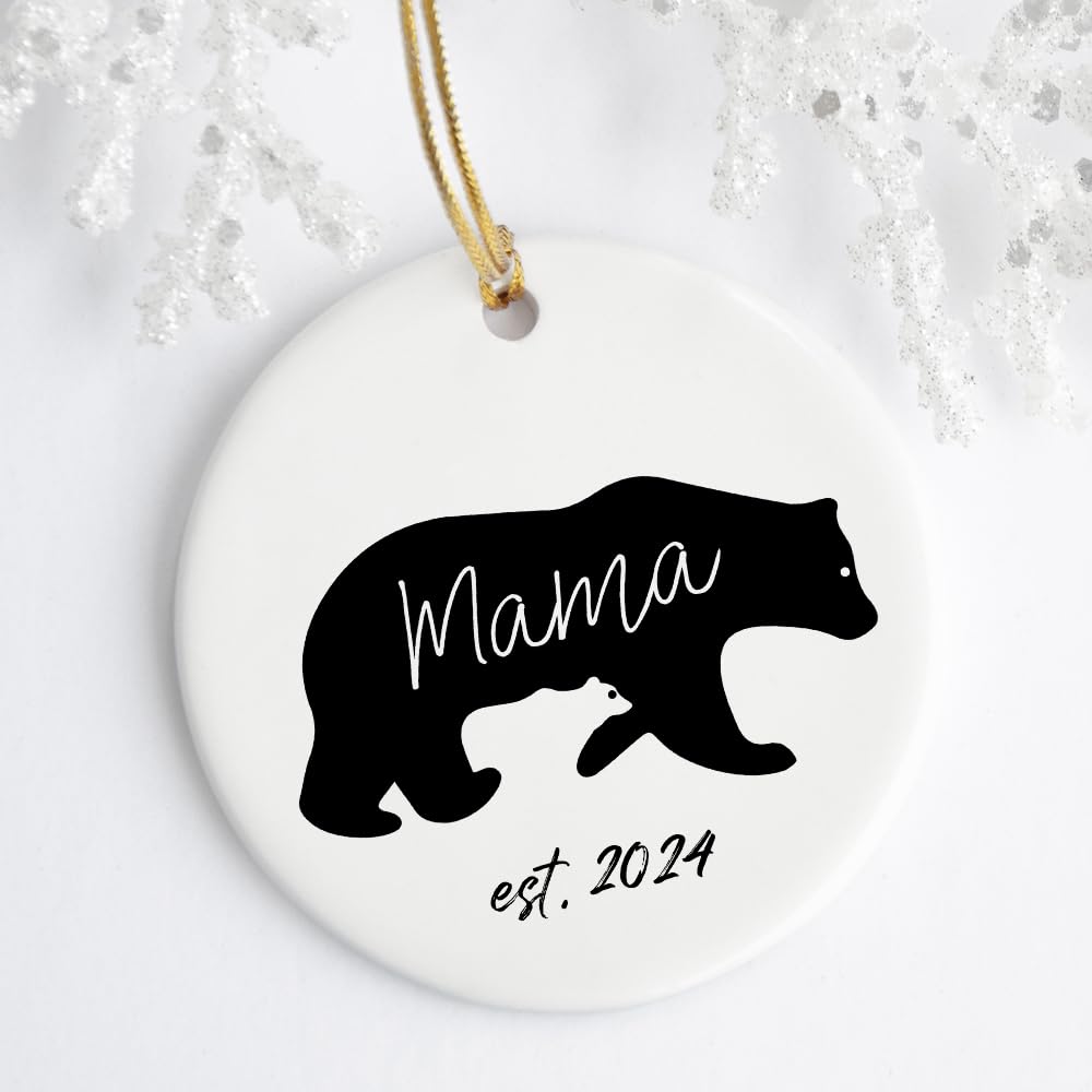Woodland Mama Bear Christmas Tree Ornament - 3 Inch Flat Ceramic Keepsake Gift for New Mom, Mother's Day, Holiday Decor with Gift Box | Perfect for Christmas Tree Decorating, Baby Shower Gifts & First-Time Mom Presents