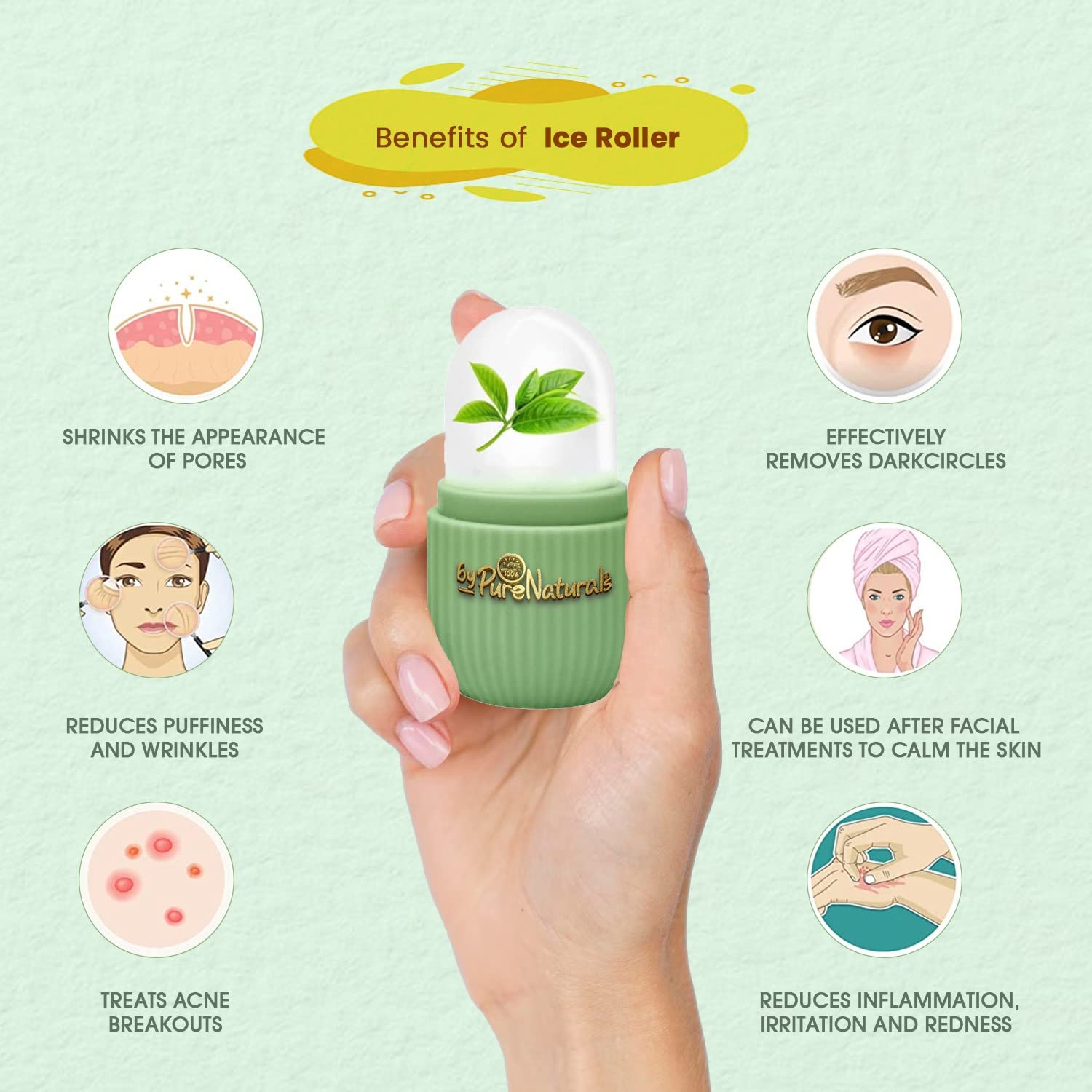 ByPureNaturals Ice Roller for Face, Neck & Body - Cooling Facial Massager for Puffy Eyes Relief & Glowing Skin - Easy-to-Use Skincare Tool with Silicone Cube - Perfect for Morning Routine, Post-Workout Recovery & Spa Day Relaxation