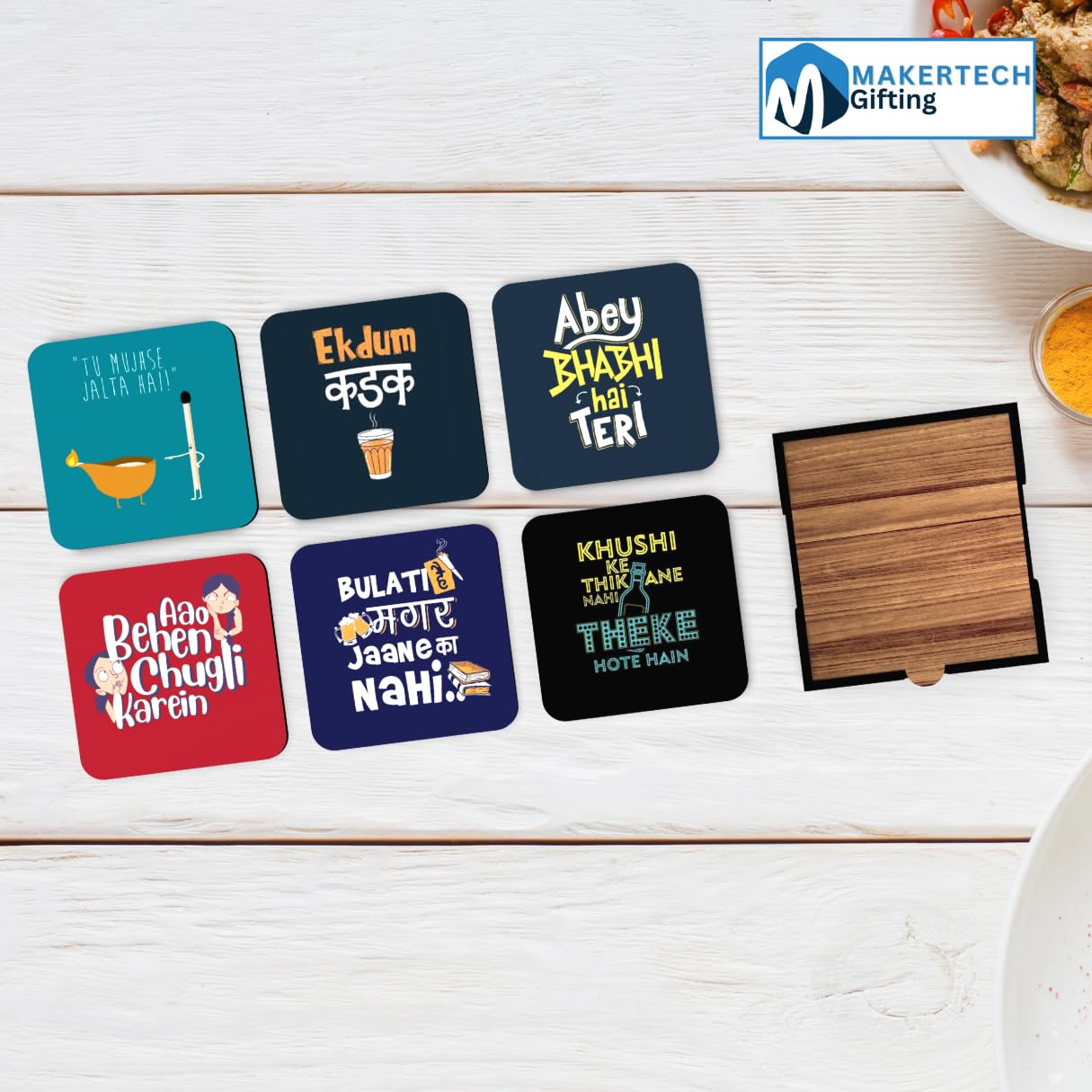 MakerTech 6-Piece Unique Shaped Wooden Coasters Set - White Engineered Wood Drink Coasters with Holder Box - Perfect for Home, Office, and Party Use