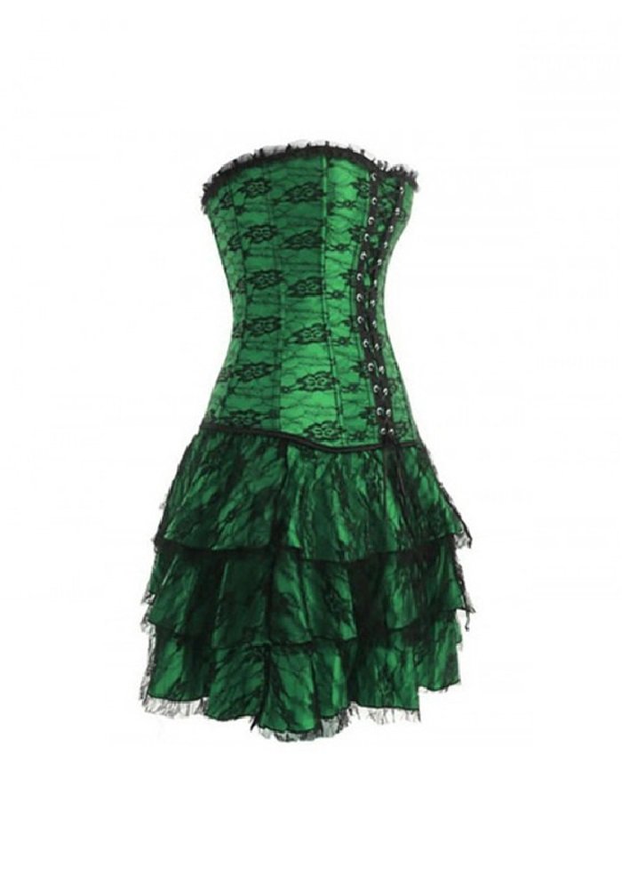 Elegant Green Satin & Black Net Tutu Skirt with Overbust Corset - Burlesque Prom Costume Dress for Women | Perfect for Halloween, Cosplay, Burlesque Shows & Themed Parties