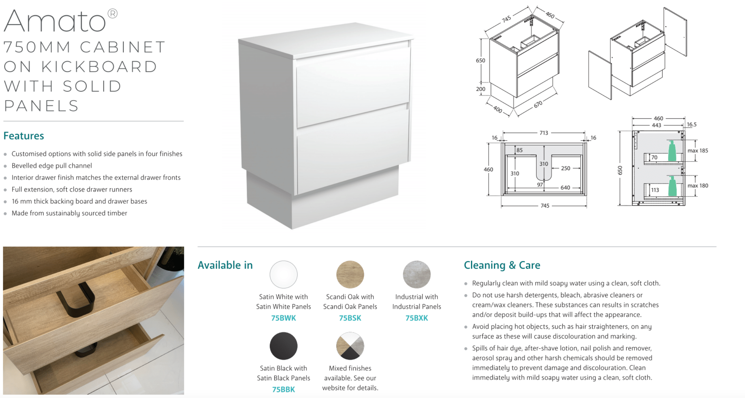 Fienza JOL75BWK Joli 750mm Satin White Bathroom Vanity with Kickboard & 1 Taphole - Modern Sink Cabinet for Small Bathrooms & Powder Rooms