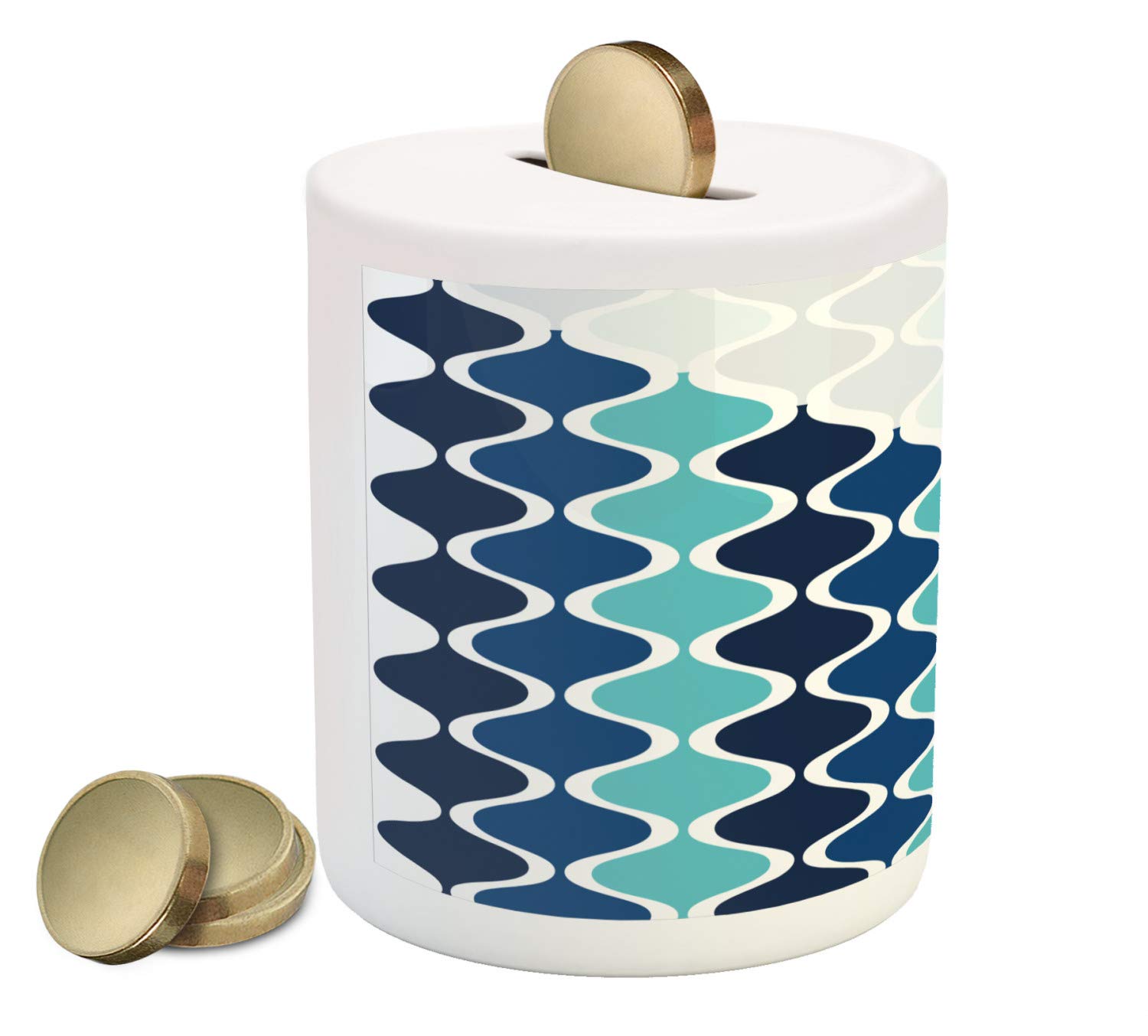 Ambesonne Abstract Ceramic Piggy Bank with Wavy Stripes & Spiral Swirl Design - Turquoise Indigo Blue Money Box for Cash Savings | Perfect Gift for Kids, Teens & Home Decor