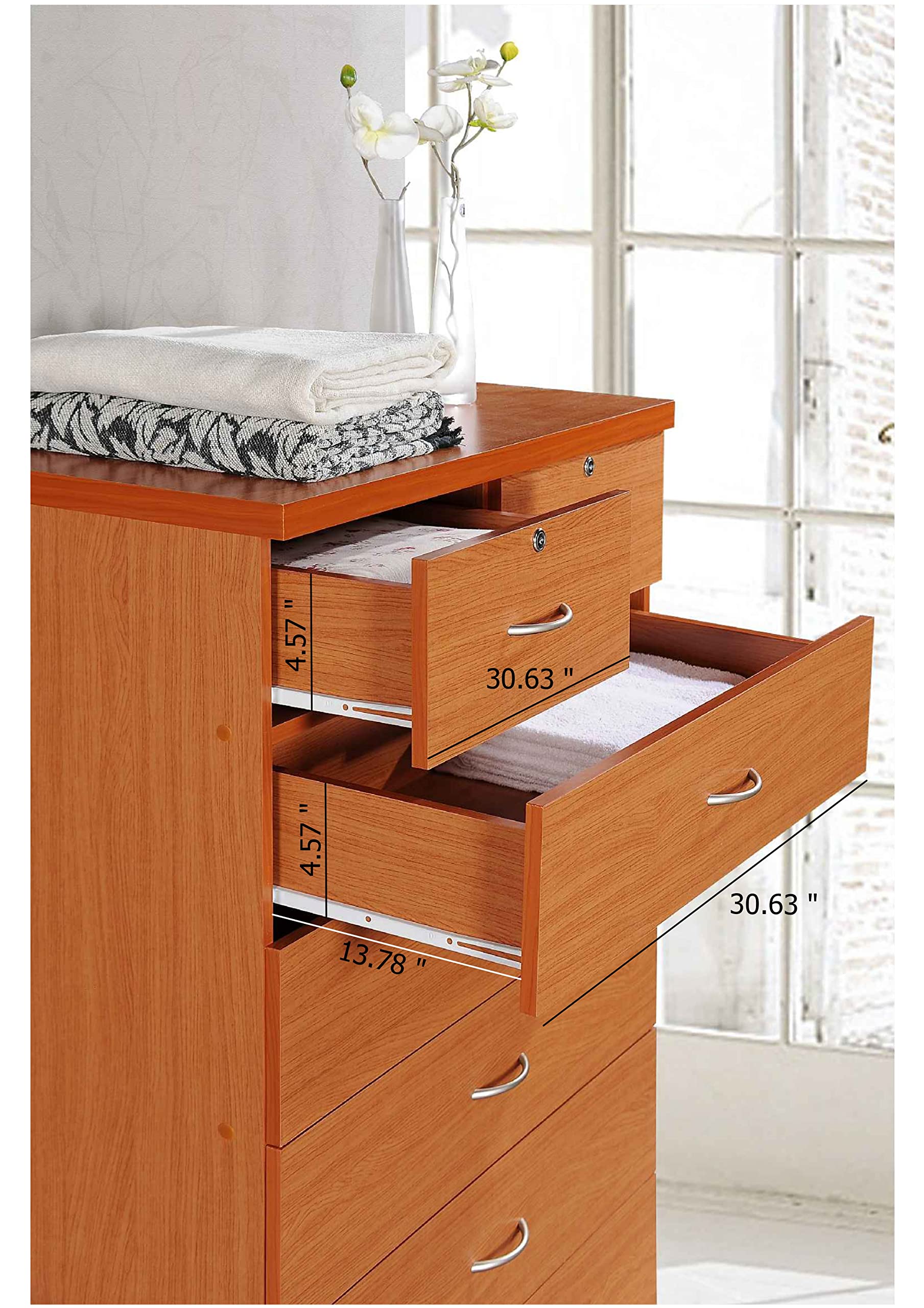 HODEDAH 7-Drawer Wooden Dresser for Bedroom - 31.5 Inch Wide Chest of Drawers with 2 Lockable Top Drawers - Cherry Finish Clothing Storage Organizer - Perfect for Bedroom, Nursery, or Closet Organization