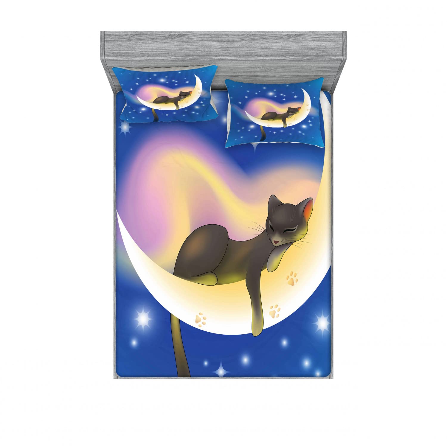 Ambesonne 2-Pack Cartoon Cat Fitted Sheet & Pillow Sham Set - 4 Piece Bedding Decor (2 Twin XL Fitted Sheets & 4 Pillow Covers) in Yellow & Blue - Perfect for Kids' Rooms, Dorm Decor, and Themed Bedroom Makeovers