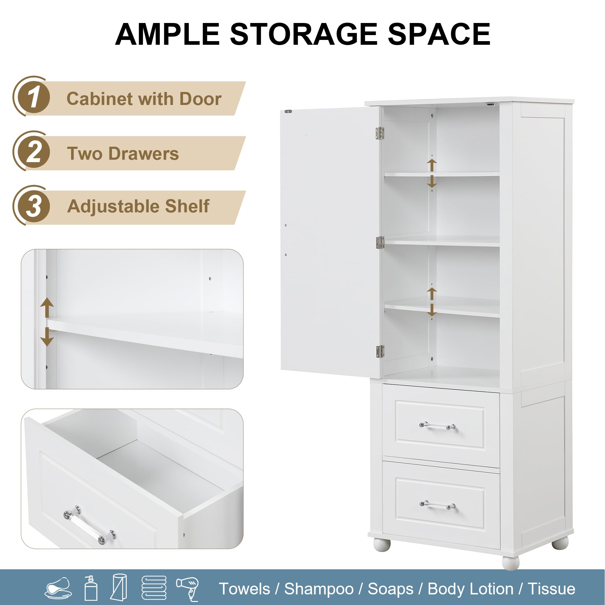 LZ LEISURE ZONE Tall Bathroom Storage Cabinet with 2 Drawers & Adjustable Shelf - Freestanding Bathroom Organizer for Home, Kitchen, Living Room - Anti-Tip Design, White - Perfect for Small Space Organization & Bathroom Essentials Storage