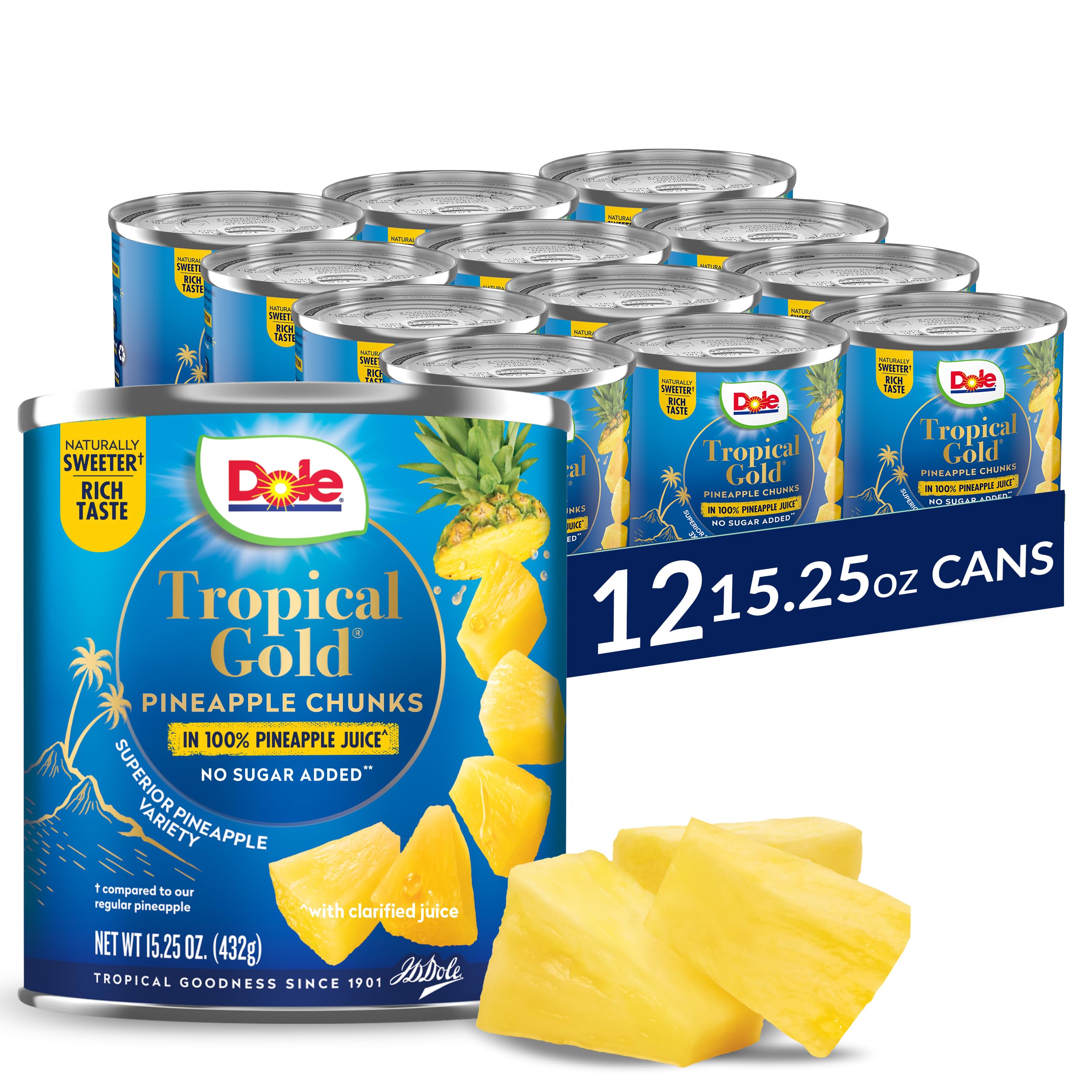Dole Canned Pineapple Chunks in 100% Juice - Tropical Gold, Gluten Free, No Sugar Added, 15.25 Oz (Pack of 12) | Perfect for Smoothies, Desserts & Healthy Snacks