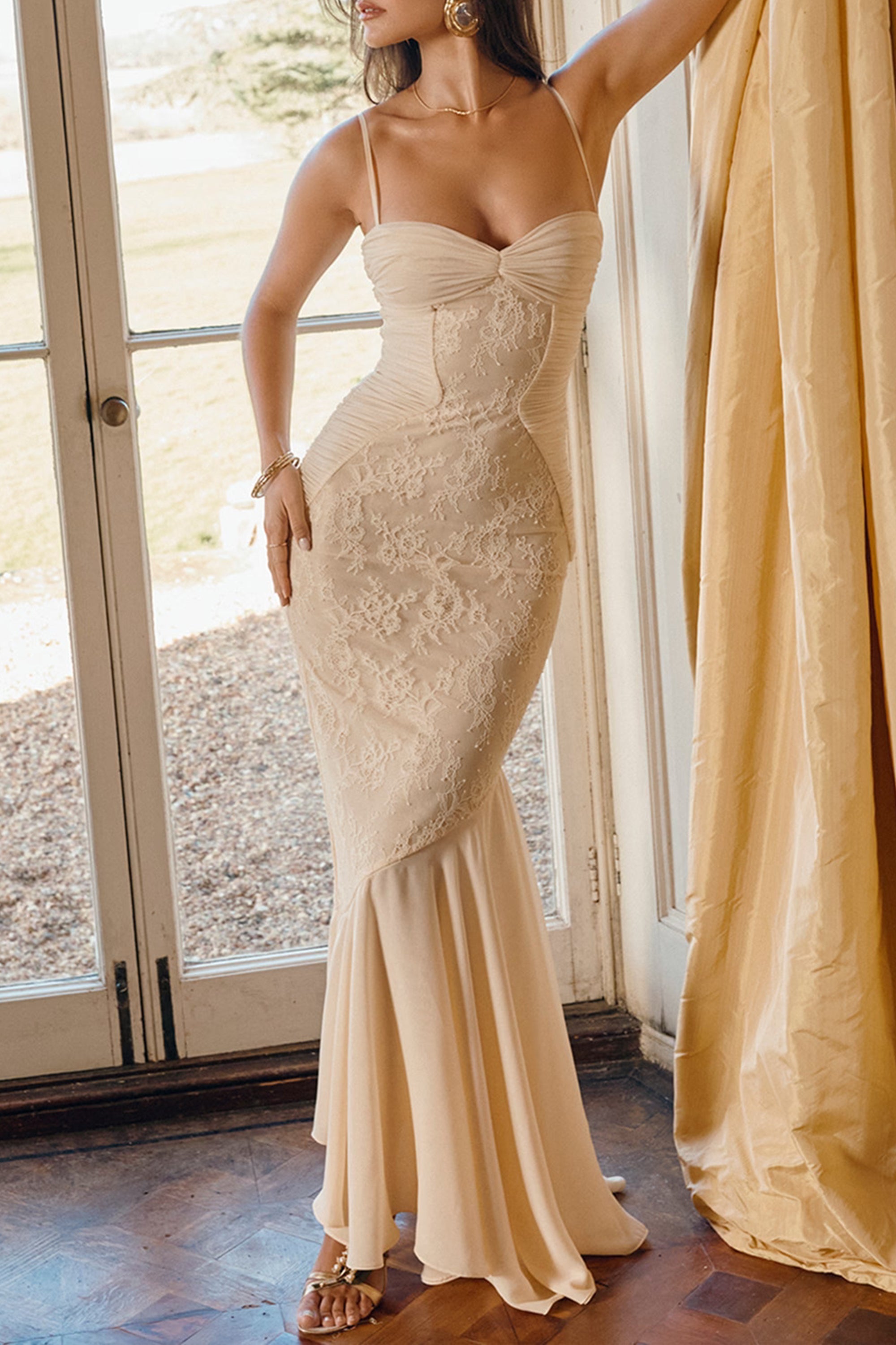 Elegant Audrey Chiffon & Lace Midi Dress for Women - Perfect for Weddings, Parties & Special Occasions