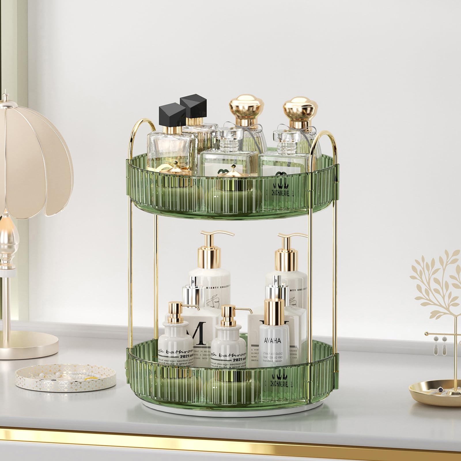UNICOMVSX 2-Tier Rotating Makeup Organizer - Spinning Cosmetic Storage for Vanity & Bathroom Countertop - Dark Green Skincare Holder for Cream, Perfume, Lotion, Lipstick - Perfect for Small Spaces & Beauty Routine Organization